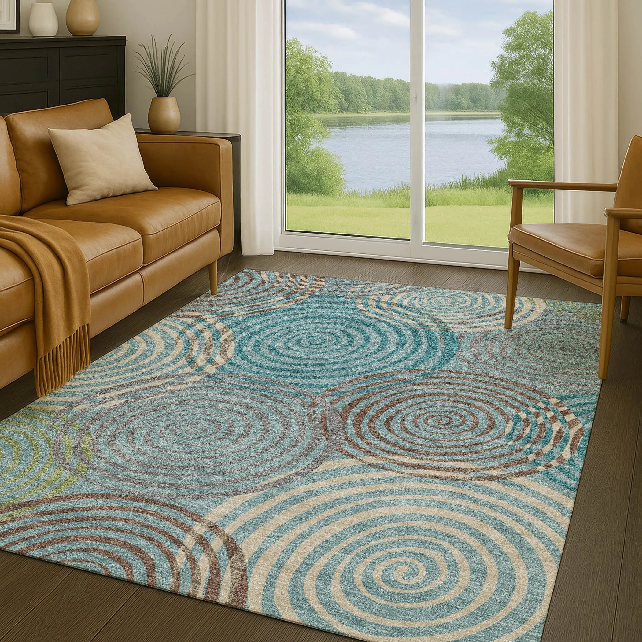 5' X 8' Teal Blue And Gray Geometric Washable Indoor Outdoor Area Rug Homeroots Outdoor