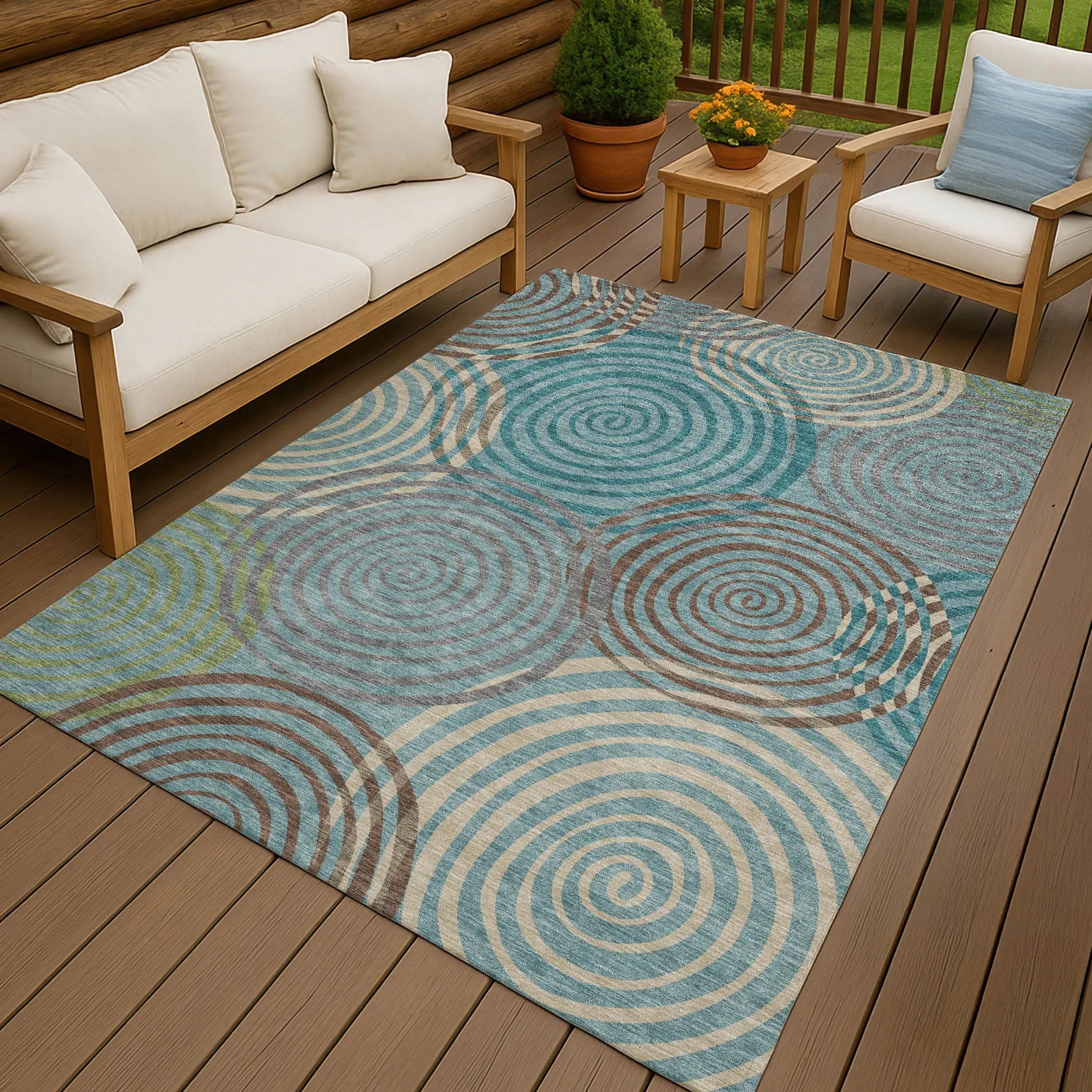 5' X 8' Teal Blue And Gray Geometric Washable Indoor Outdoor Area Rug Homeroots Outdoor