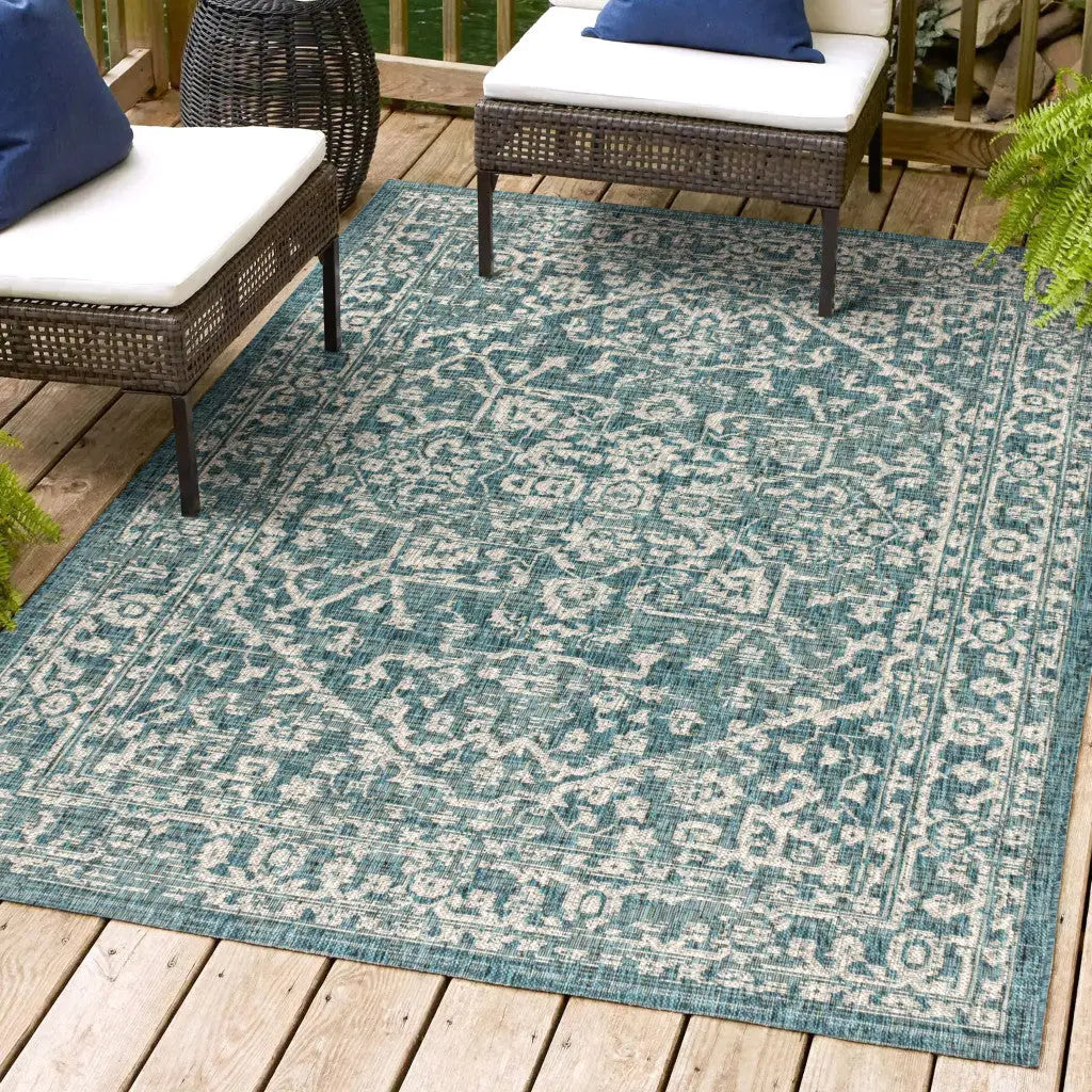 5' X 8' Teal Blue And Gray Medallion Indoor Outdoor Area Rug Homeroots Outdoor