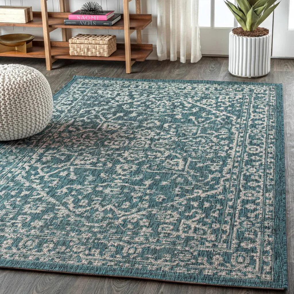 5' X 8' Teal Blue And Gray Medallion Indoor Outdoor Area Rug Homeroots Outdoor