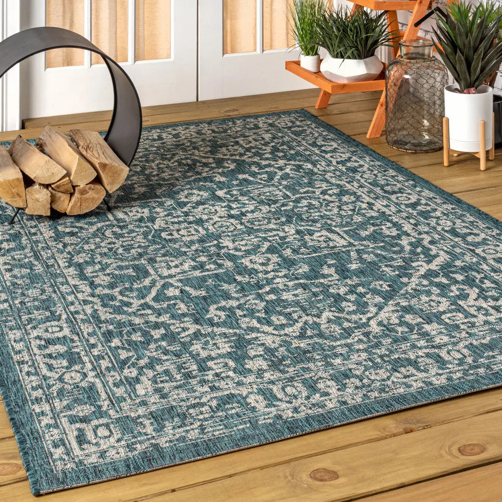 5' X 8' Teal Blue And Gray Medallion Indoor Outdoor Area Rug Homeroots Outdoor