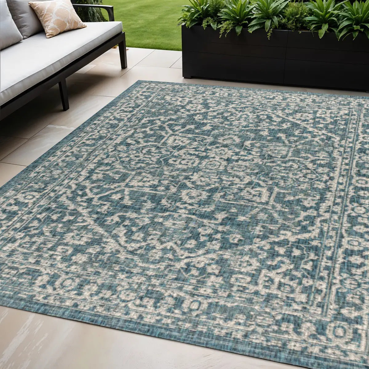 5' X 8' Teal Blue And Gray Medallion Indoor Outdoor Area Rug Homeroots Outdoor