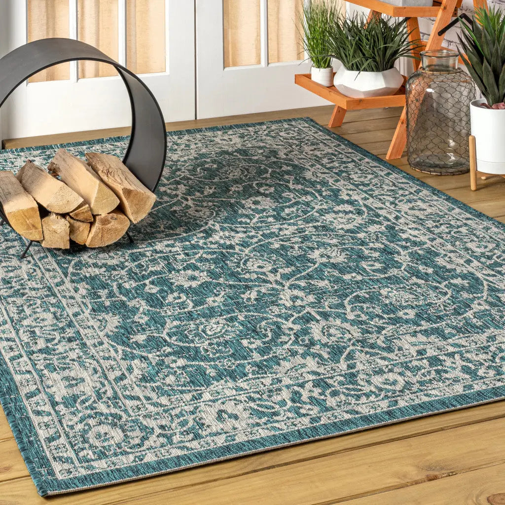 5' X 8' Teal Blue And Gray Medallion Indoor Outdoor Area Rug Homeroots Outdoor