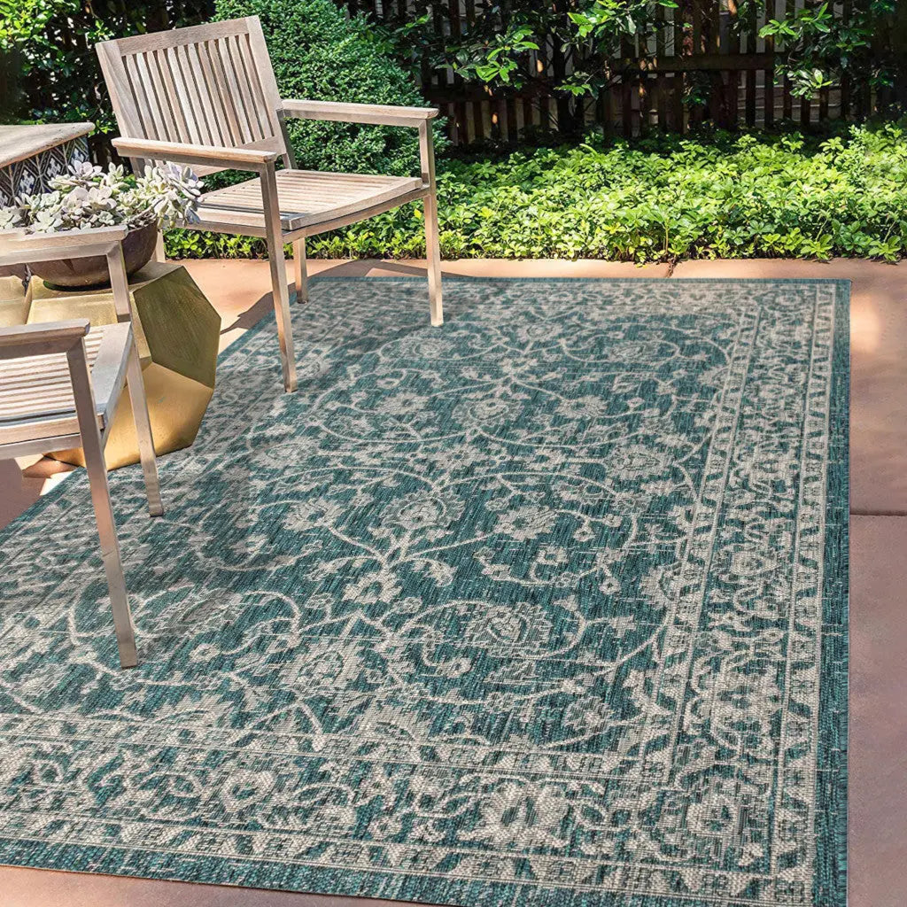 5' X 8' Teal Blue And Gray Medallion Indoor Outdoor Area Rug Homeroots Outdoor