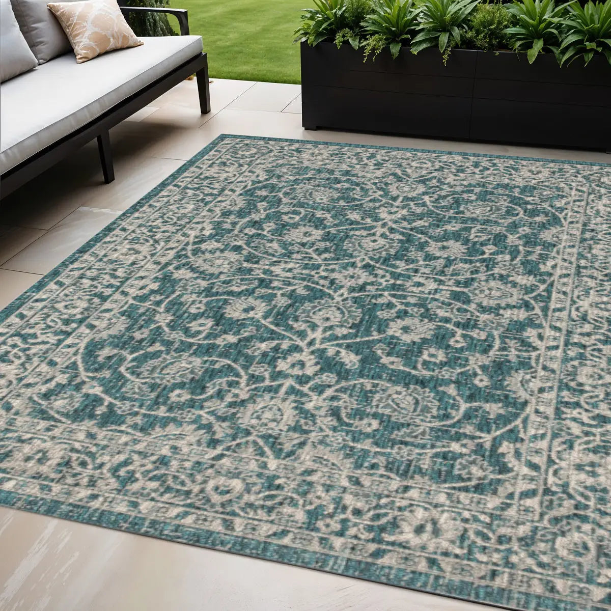 5' X 8' Teal Blue And Gray Medallion Indoor Outdoor Area Rug Homeroots Outdoor