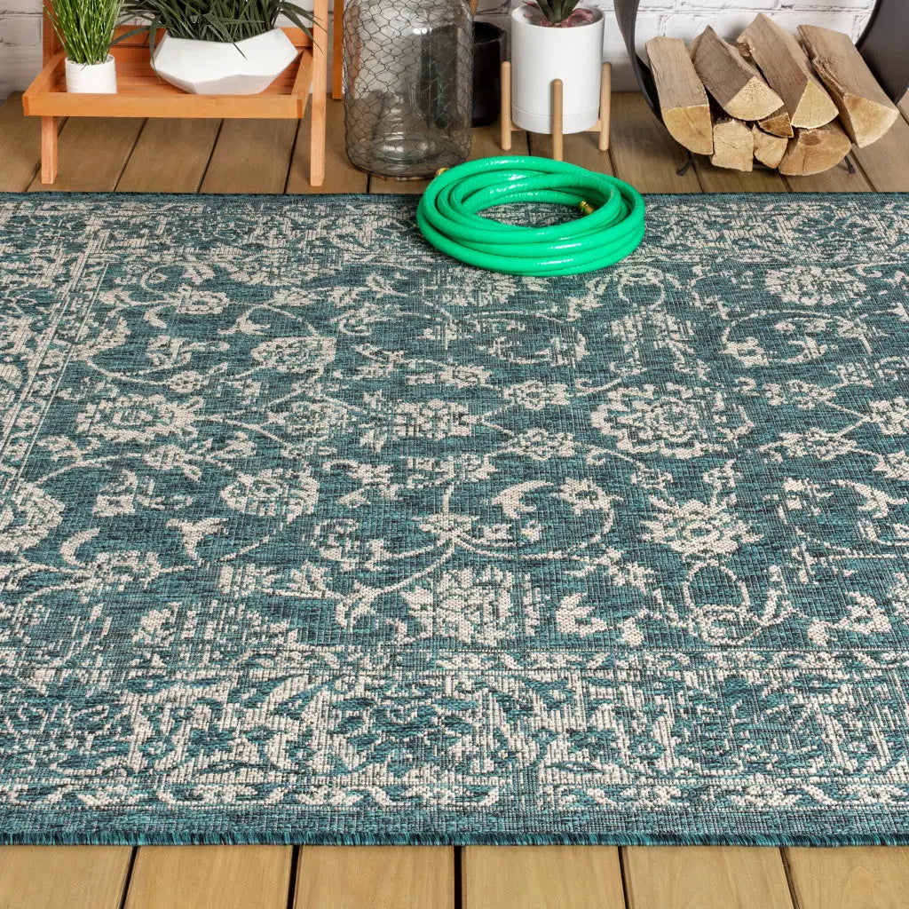 5' X 8' Teal Blue And Gray Medallion Indoor Outdoor Area Rug Homeroots Outdoor