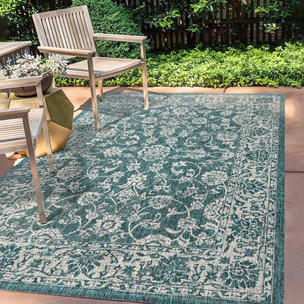 5' X 8' Teal Blue And Gray Medallion Indoor Outdoor Area Rug Homeroots Outdoor