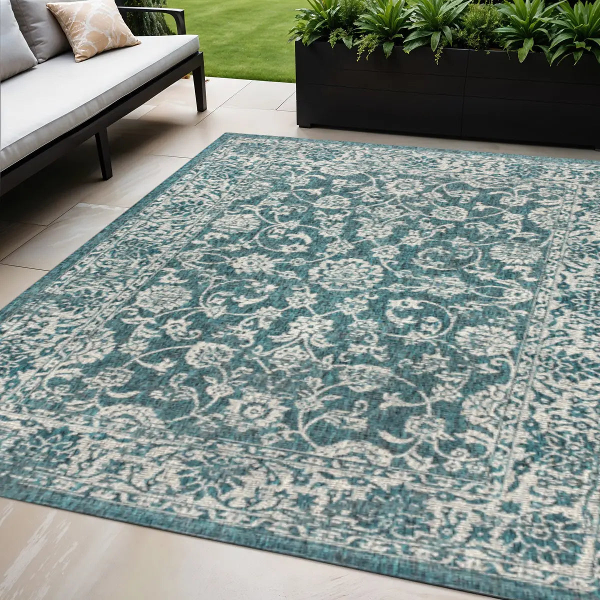 5' X 8' Teal Blue And Gray Medallion Indoor Outdoor Area Rug Homeroots Outdoor