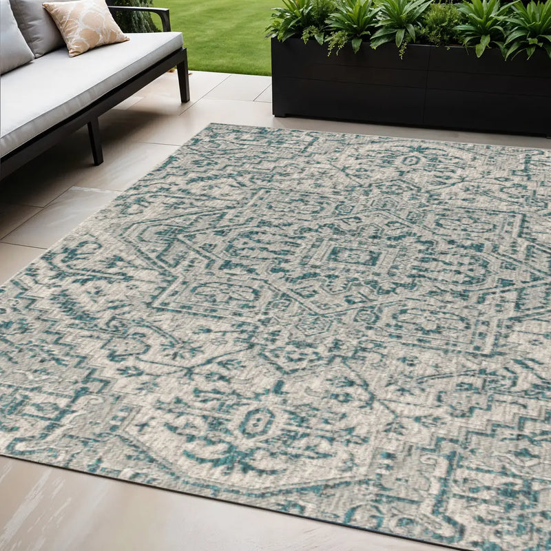 5' X 8' Teal Blue And Gray Medallion Indoor Outdoor Area Rug Homeroots Outdoor