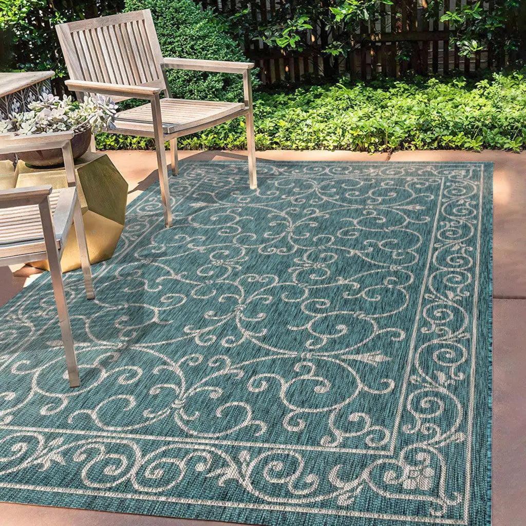 5' X 8' Teal Blue And Gray Medallion Indoor Outdoor Area Rug Homeroots Outdoor