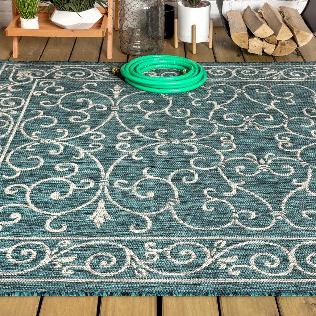 5' X 8' Teal Blue And Gray Medallion Indoor Outdoor Area Rug Homeroots Outdoor