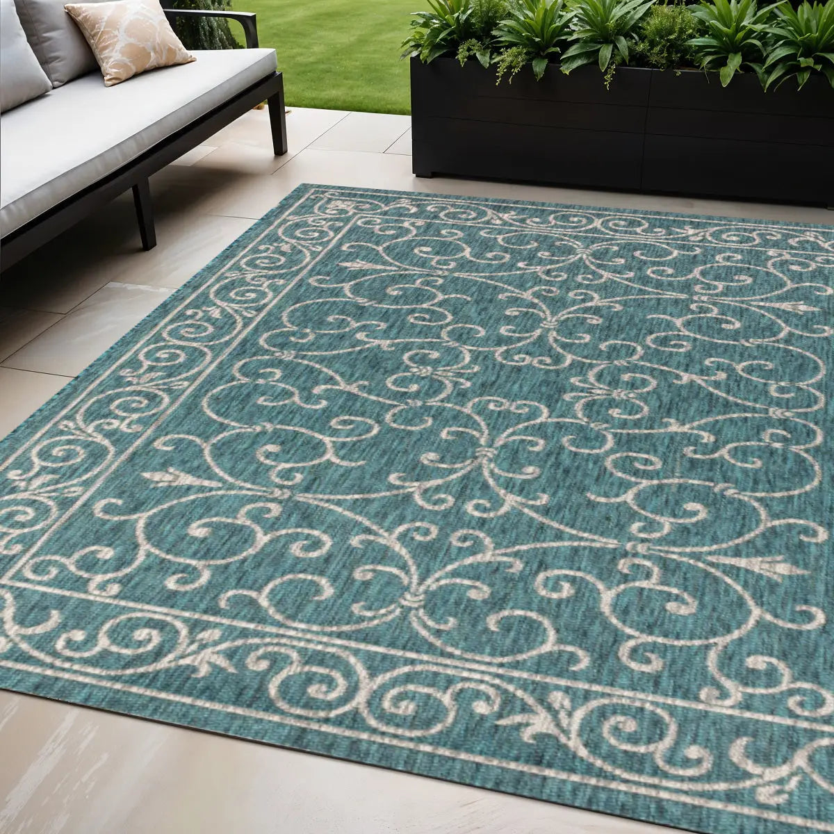 5' X 8' Teal Blue And Gray Medallion Indoor Outdoor Area Rug Homeroots Outdoor