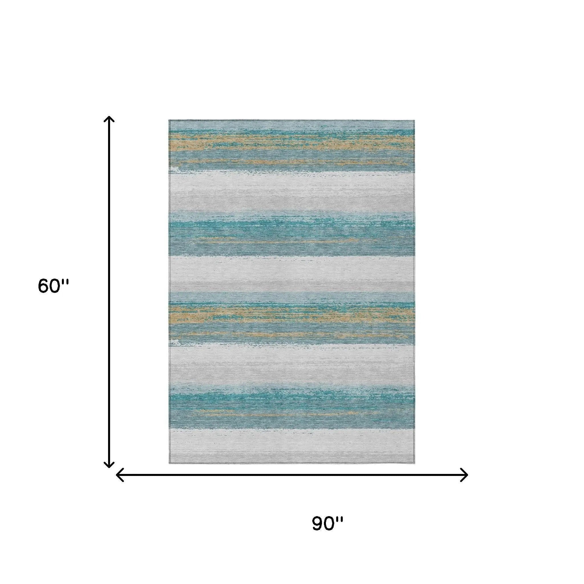 5' X 8' Teal Blue And Gray Striped Washable Indoor Outdoor Area Rug Homeroots Outdoor
