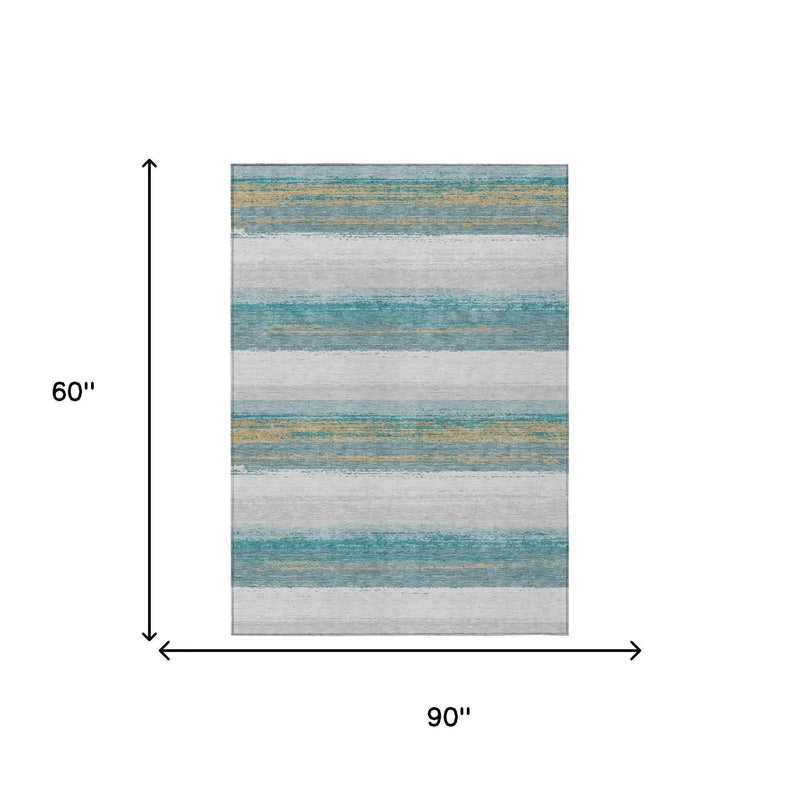 5' X 8' Teal Blue And Gray Striped Washable Indoor Outdoor Area Rug Homeroots Outdoor