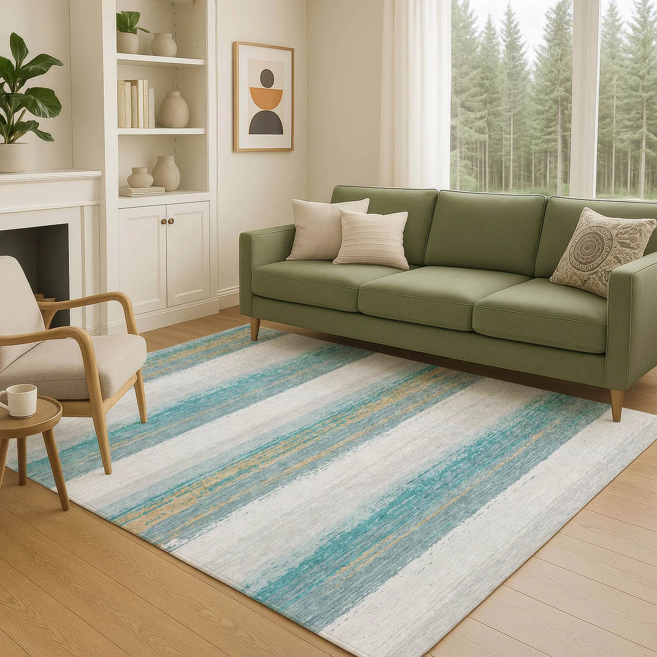 5' X 8' Teal Blue And Gray Striped Washable Indoor Outdoor Area Rug Homeroots Outdoor