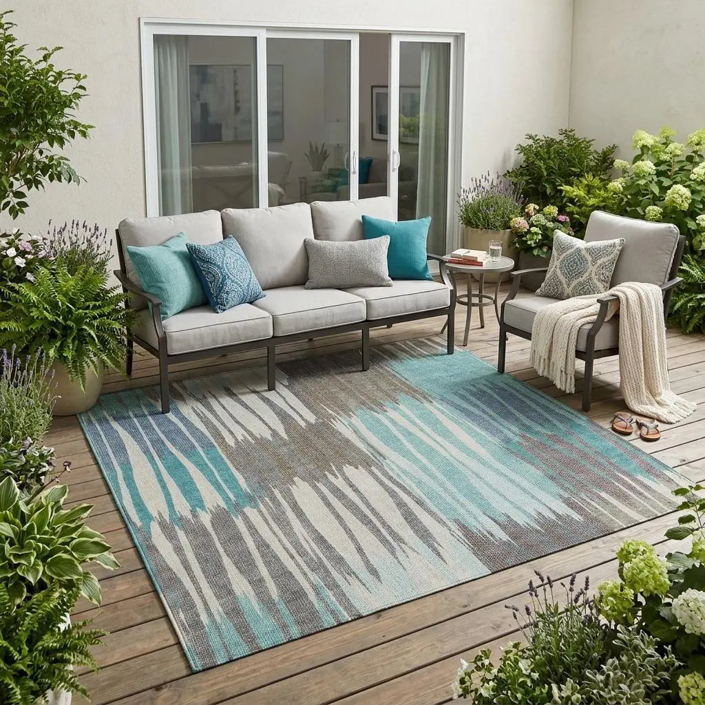 5' X 8' Teal Blue And Gray Striped Washable Indoor Outdoor Area Rug Homeroots Outdoor