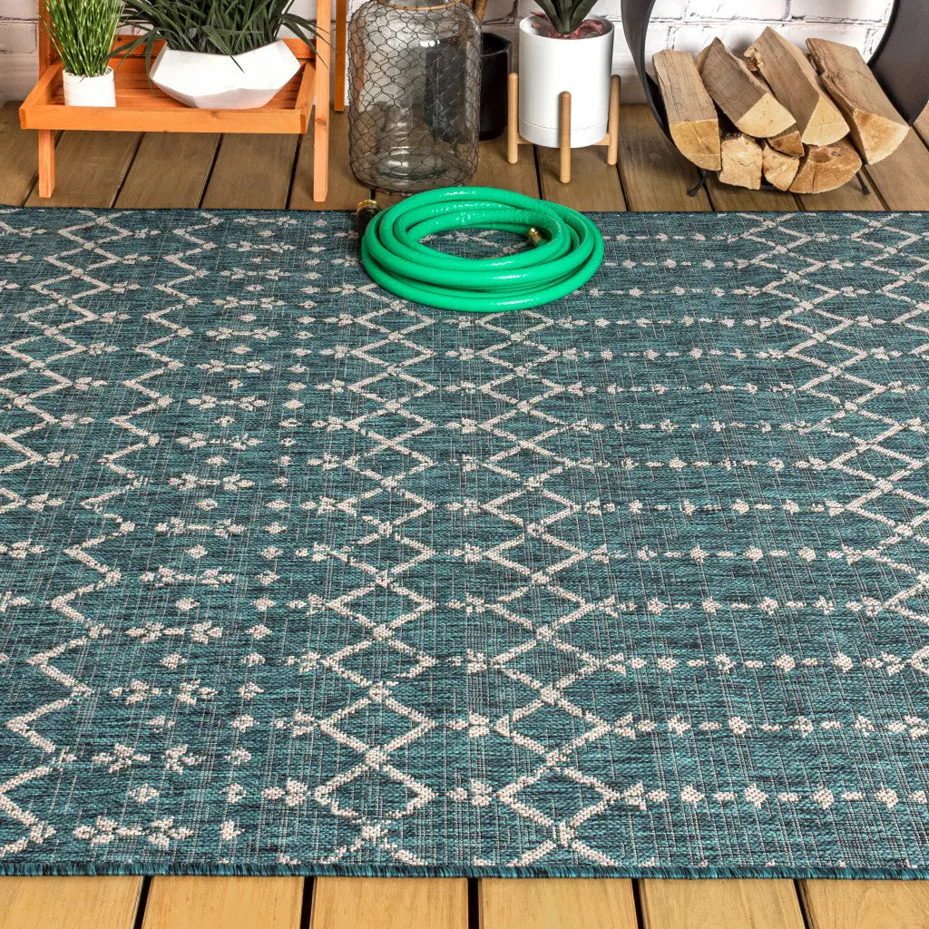 5' X 8' Teal Blue And Gray Trellis Indoor Outdoor Area Rug Homeroots Outdoor