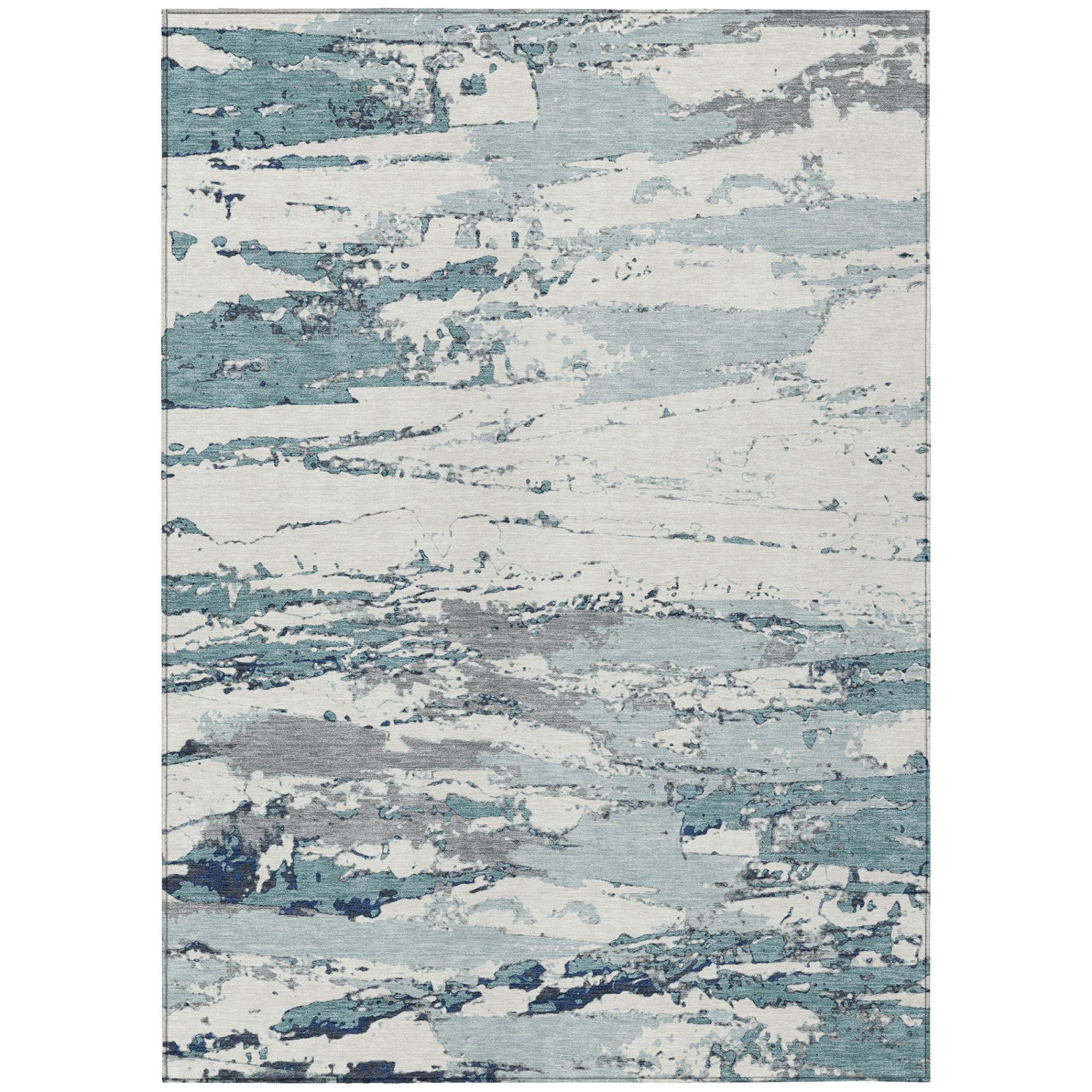 5' X 8' Teal Blue And Ivory Abstract Washable Indoor Outdoor Area Rug Homeroots Outdoor