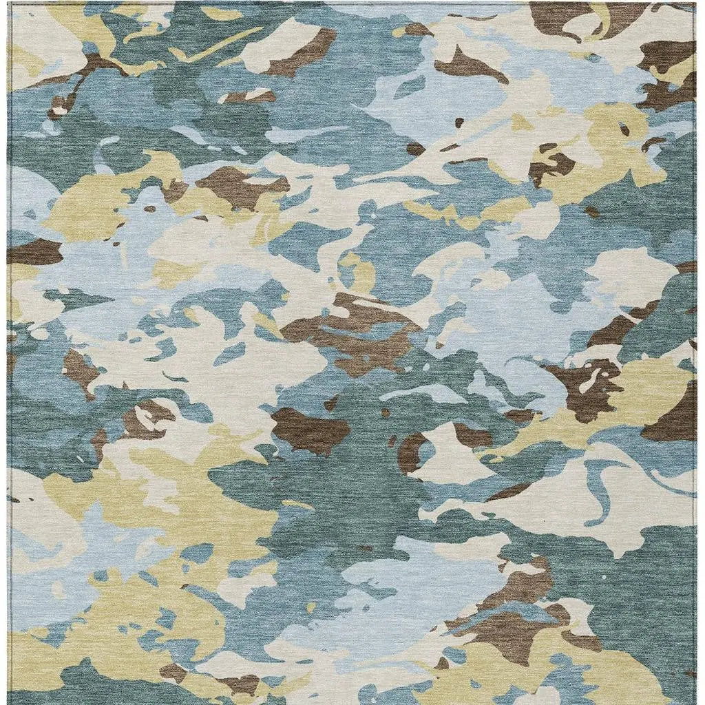 5' X 8' Teal Blue And Ivory Abstract Washable Indoor Outdoor Area Rug Homeroots Outdoor