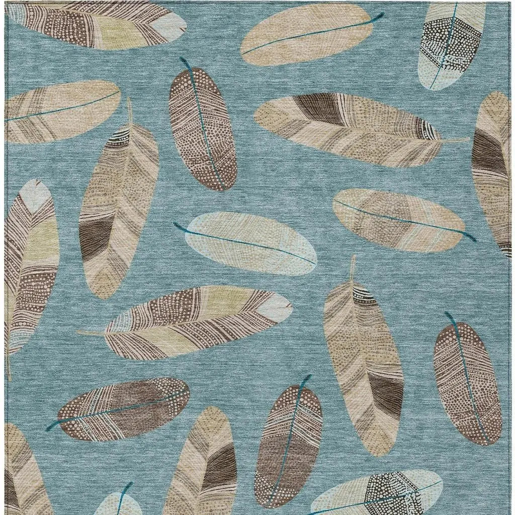 5' X 8' Teal Blue And Ivory Botanical Leaves Washable Indoor Outdoor Area Rug Homeroots Outdoor