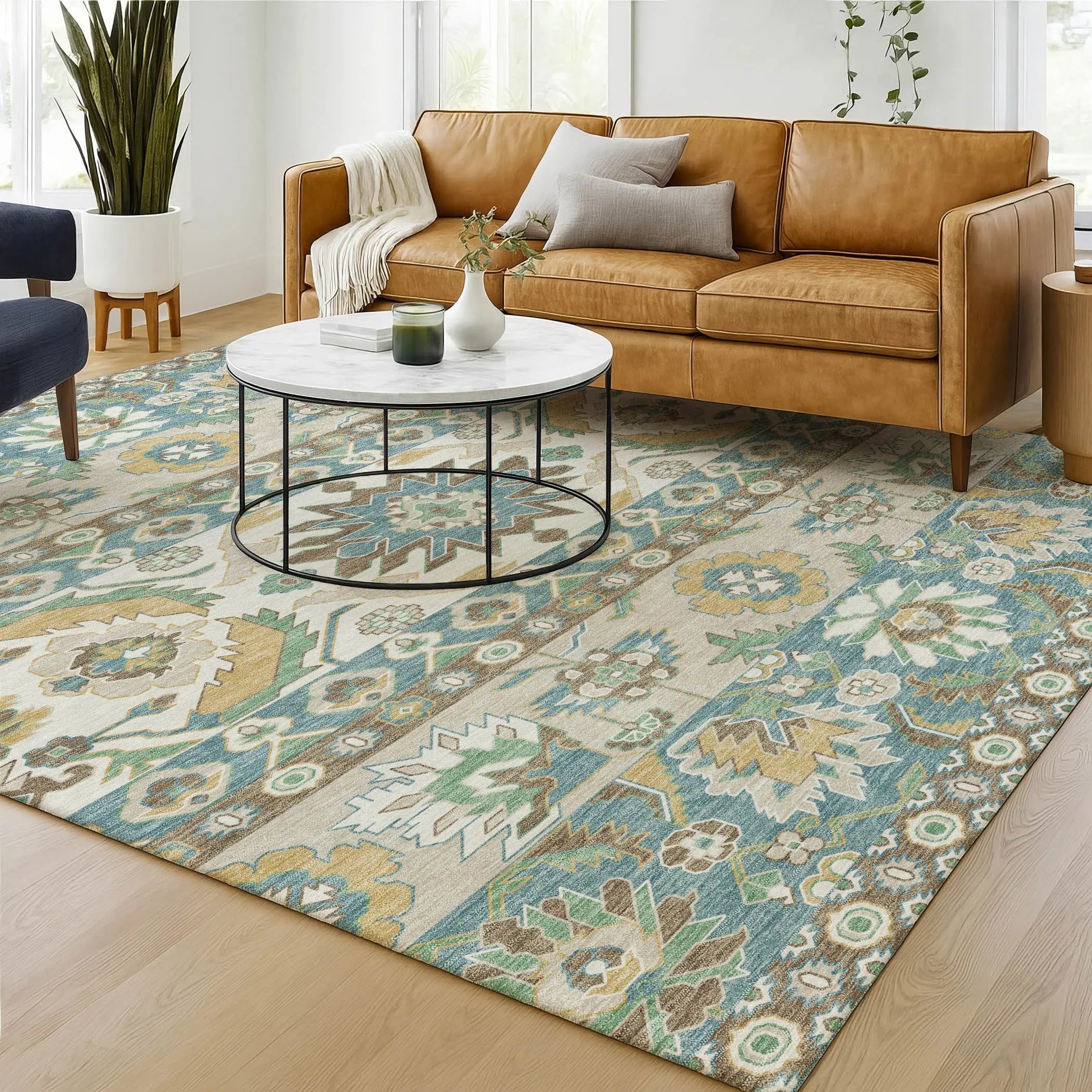 5' X 8' Teal Blue And Ivory Cactus Washable Indoor Outdoor Area Rug Homeroots Outdoor
