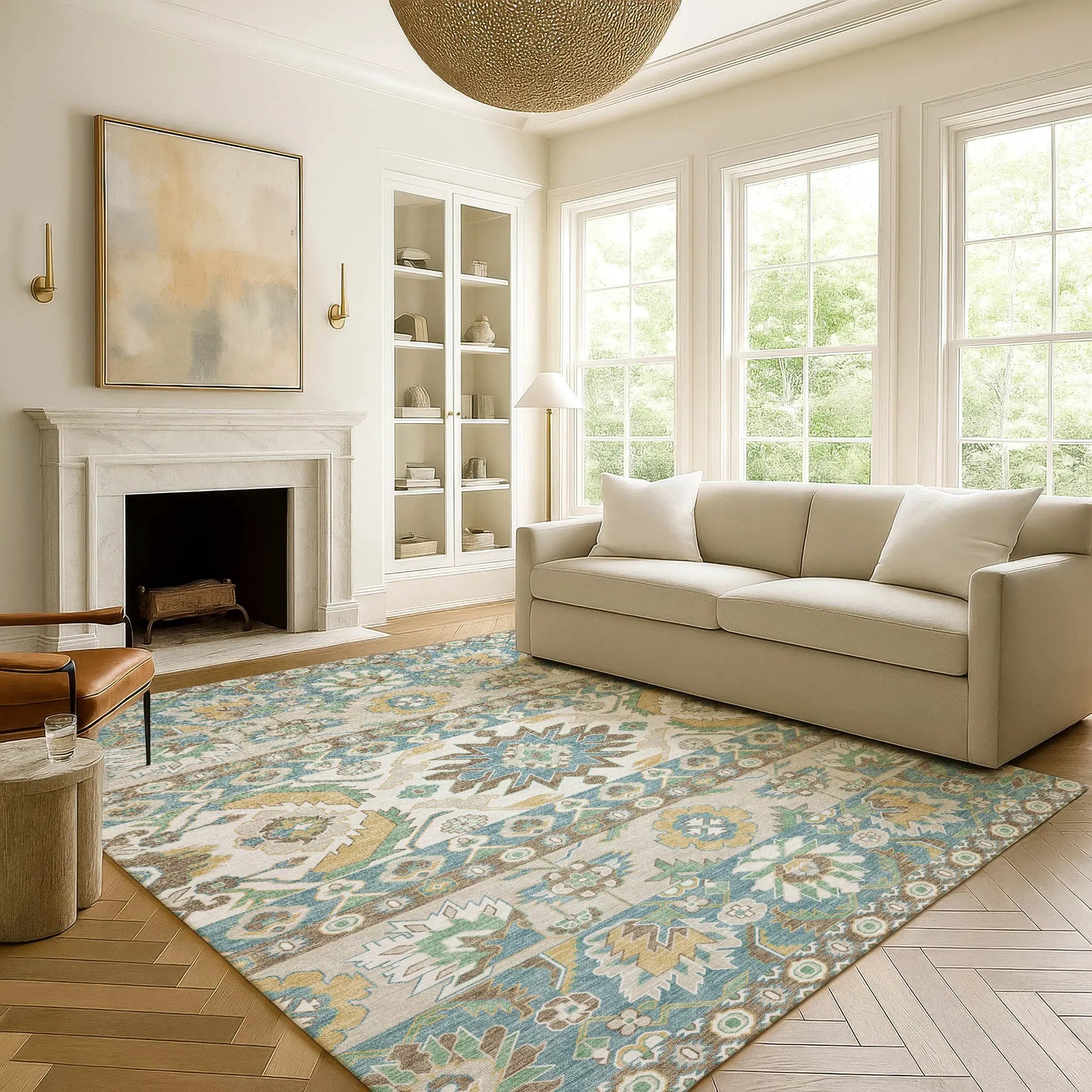 5' X 8' Teal Blue And Ivory Cactus Washable Indoor Outdoor Area Rug Homeroots Outdoor