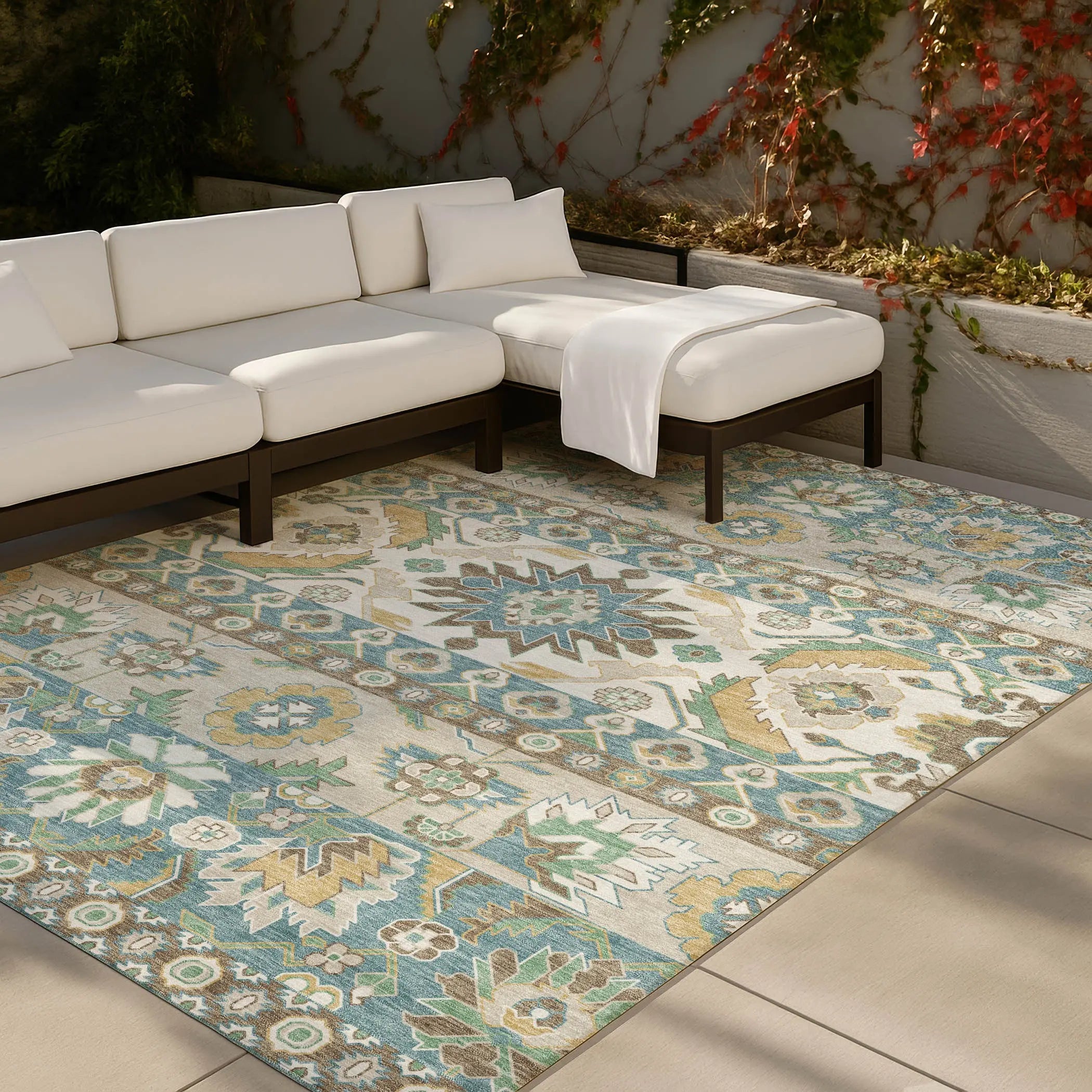 5' X 8' Teal Blue And Ivory Cactus Washable Indoor Outdoor Area Rug Homeroots Outdoor