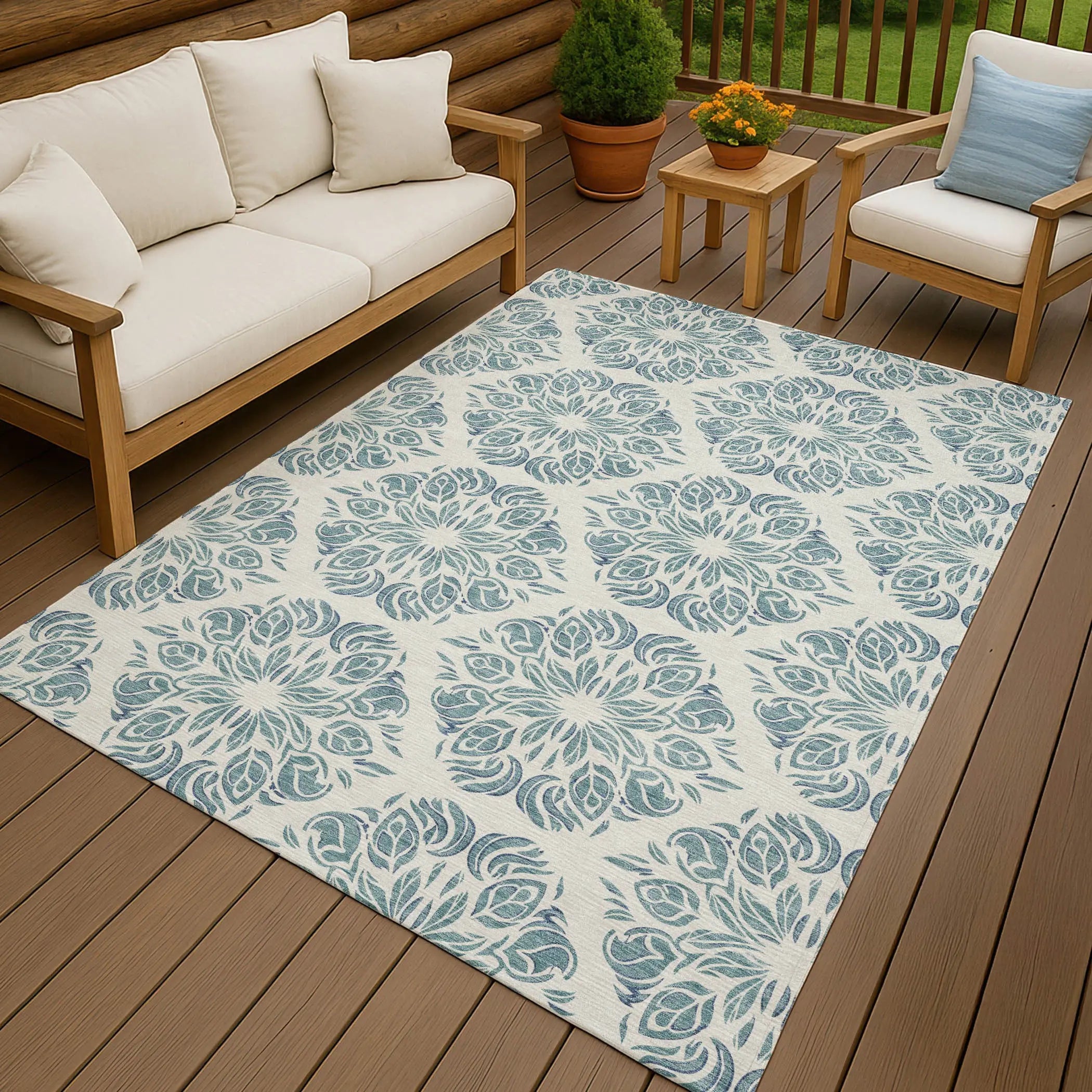 5' X 8' Teal Blue And Ivory Damask Washable Indoor Outdoor Area Rug Homeroots Outdoor