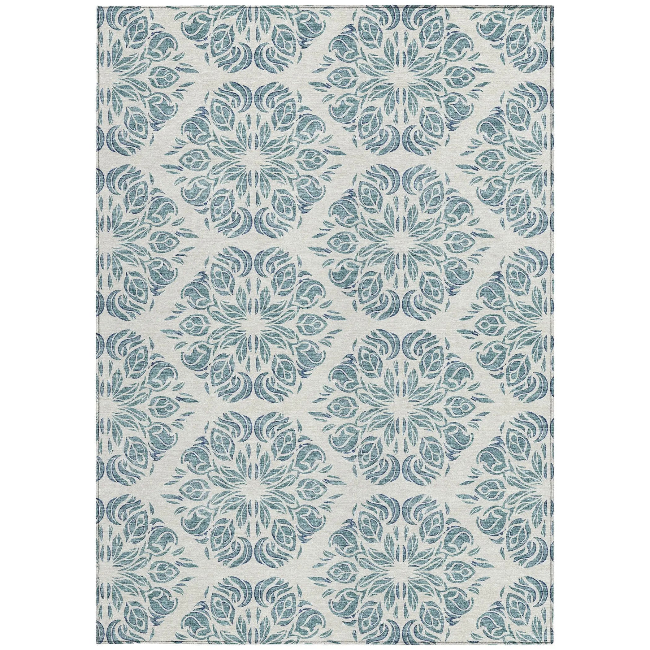 5' X 8' Teal Blue And Ivory Damask Washable Indoor Outdoor Area Rug Homeroots Outdoor