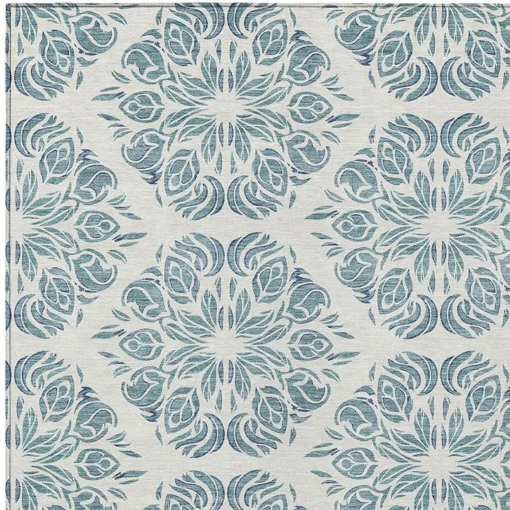 5' X 8' Teal Blue And Ivory Damask Washable Indoor Outdoor Area Rug Homeroots Outdoor