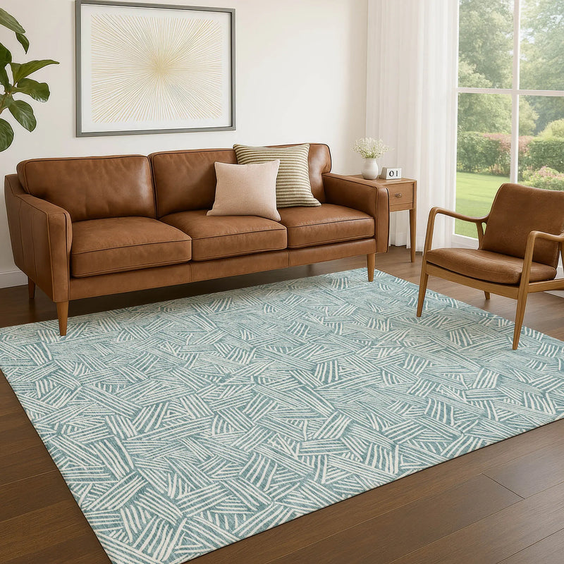 5' X 8' Teal Blue And Ivory Geometric Washable Indoor Outdoor Area Rug Homeroots Outdoor