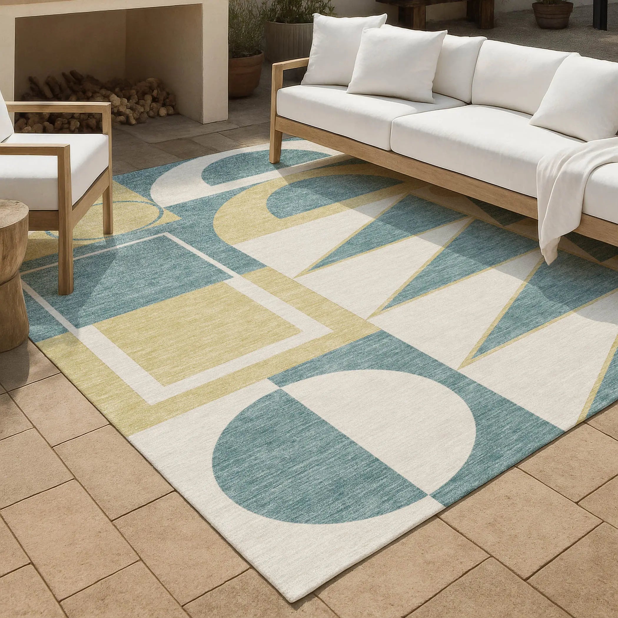 5' X 8' Teal Blue And Ivory Geometric Washable Indoor Outdoor Area Rug Homeroots Outdoor