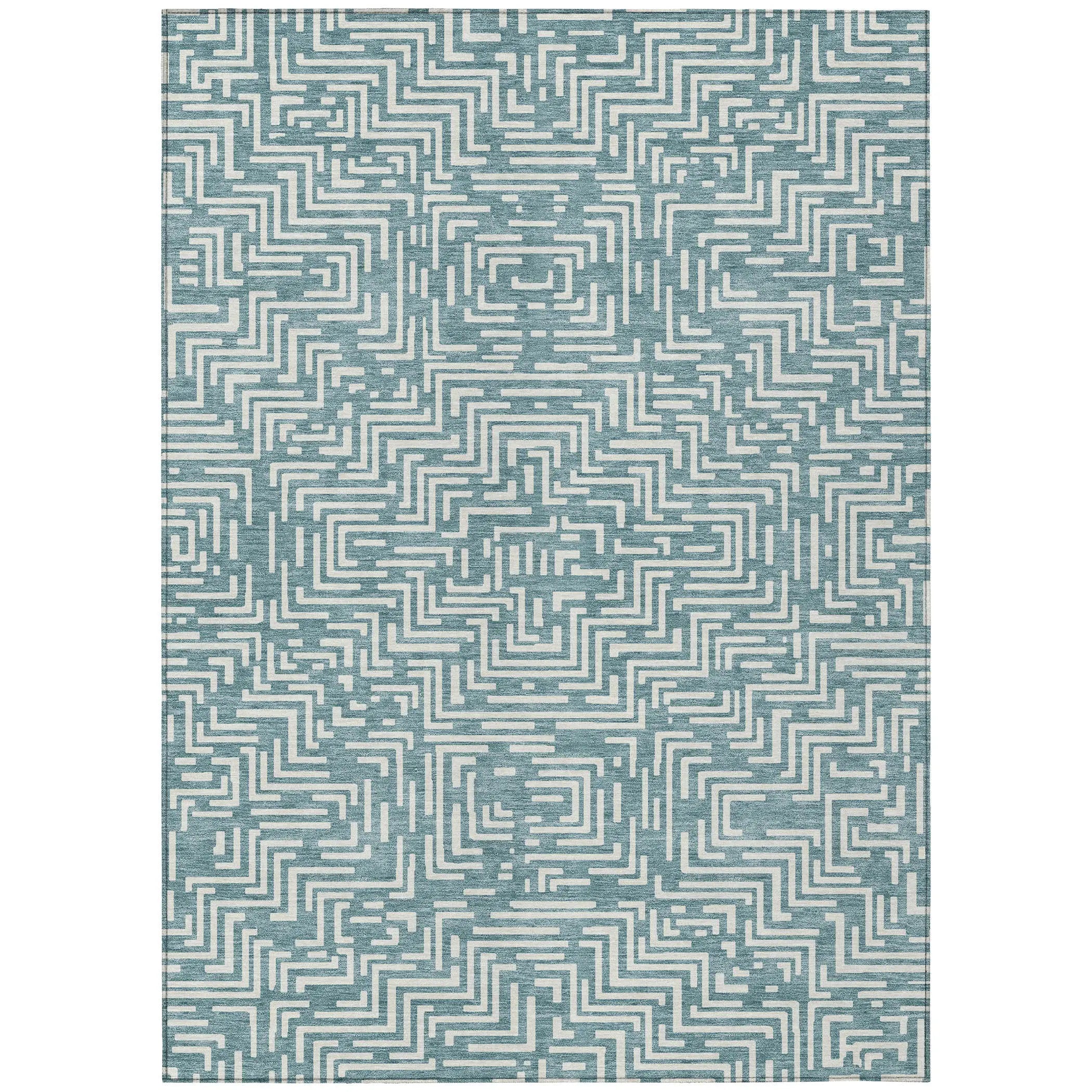 5' X 8' Teal Blue And Ivory Geometric Washable Indoor Outdoor Area Rug Homeroots Outdoor