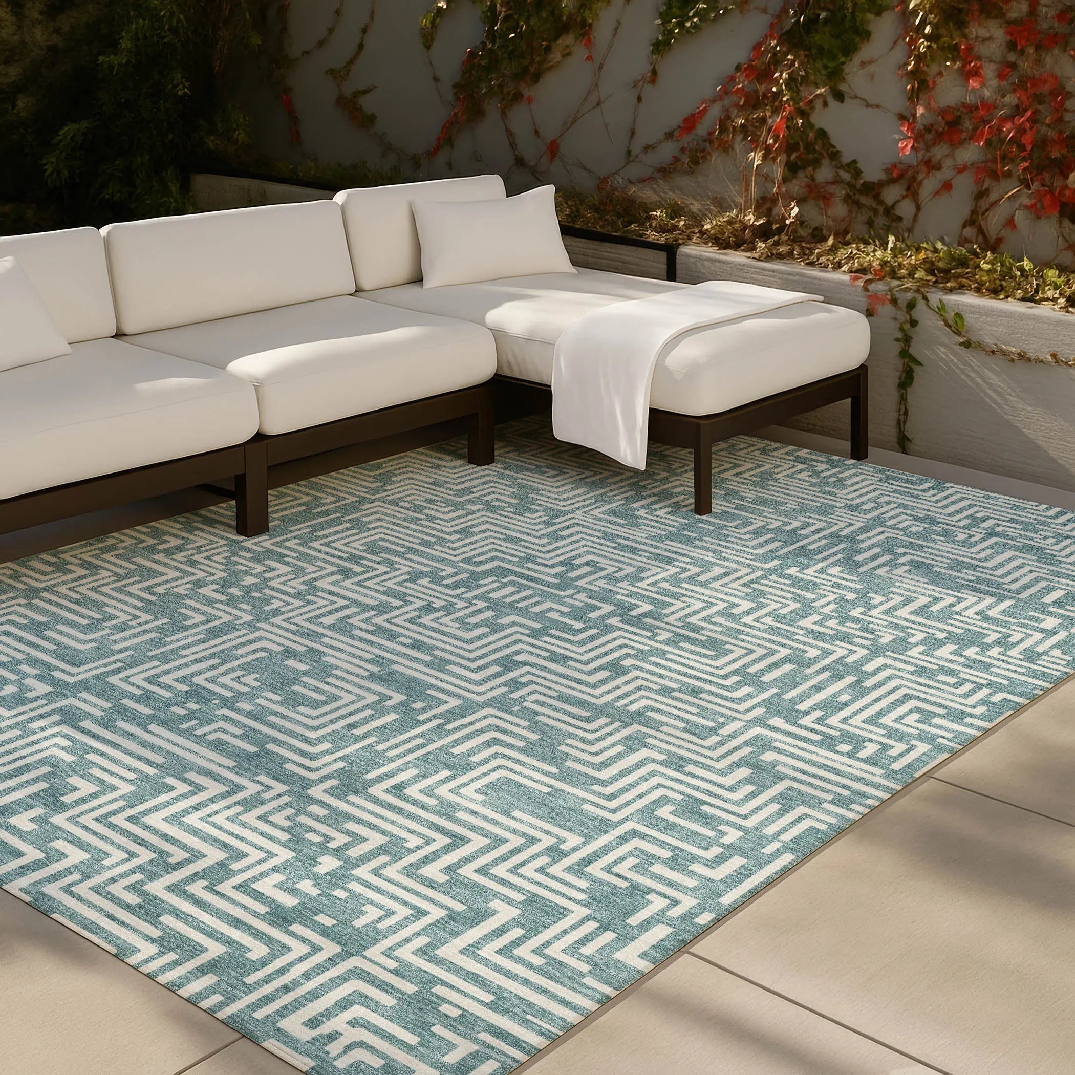 5' X 8' Teal Blue And Ivory Geometric Washable Indoor Outdoor Area Rug Homeroots Outdoor