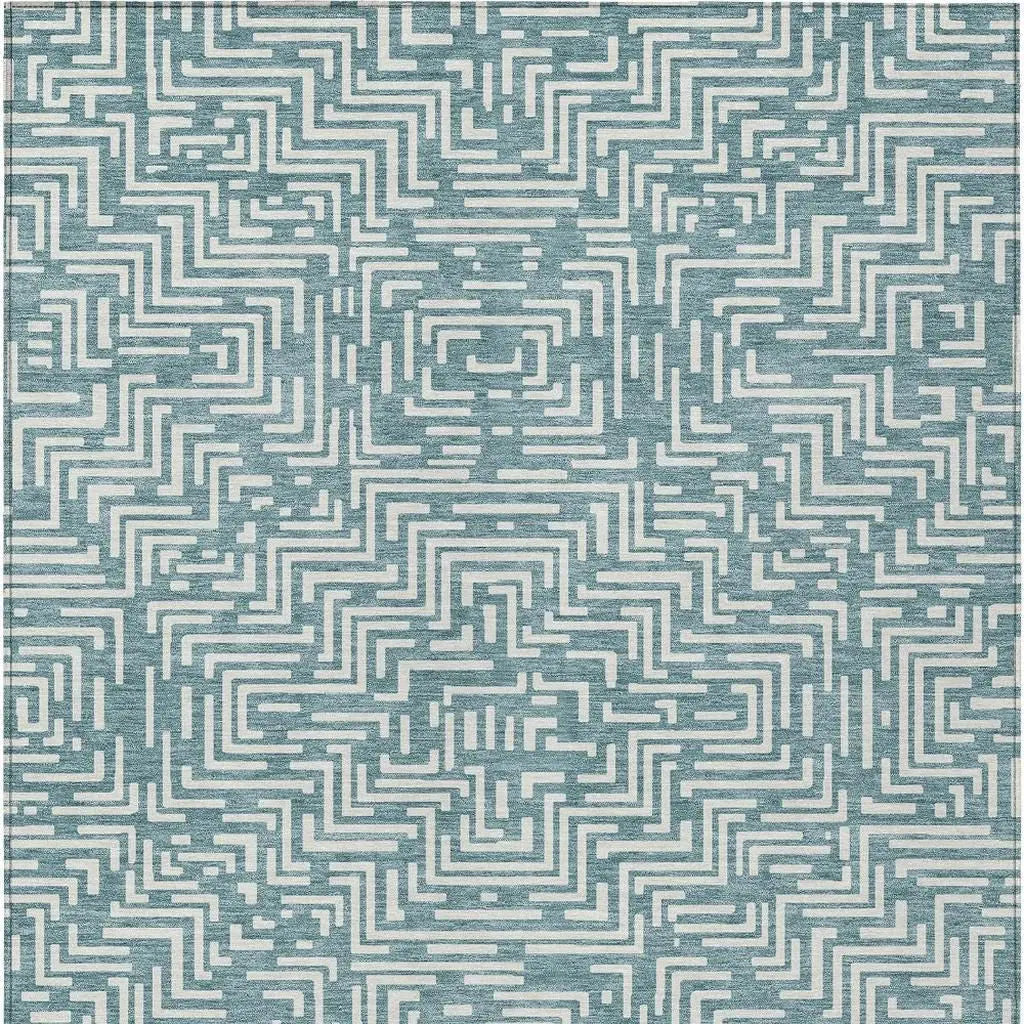 5' X 8' Teal Blue And Ivory Geometric Washable Indoor Outdoor Area Rug Homeroots Outdoor