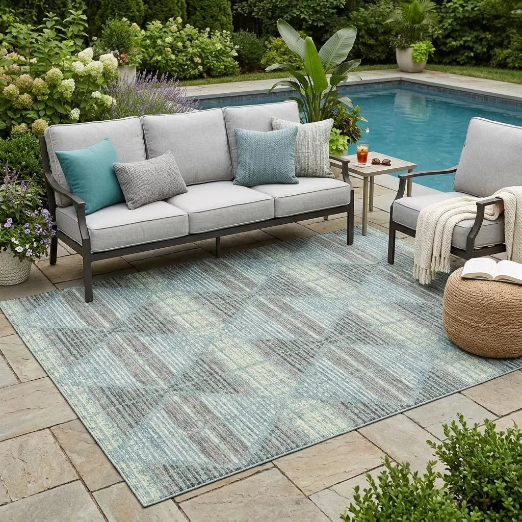 5' X 8' Teal Blue And Ivory Geometric Washable Indoor Outdoor Area Rug Homeroots Outdoor