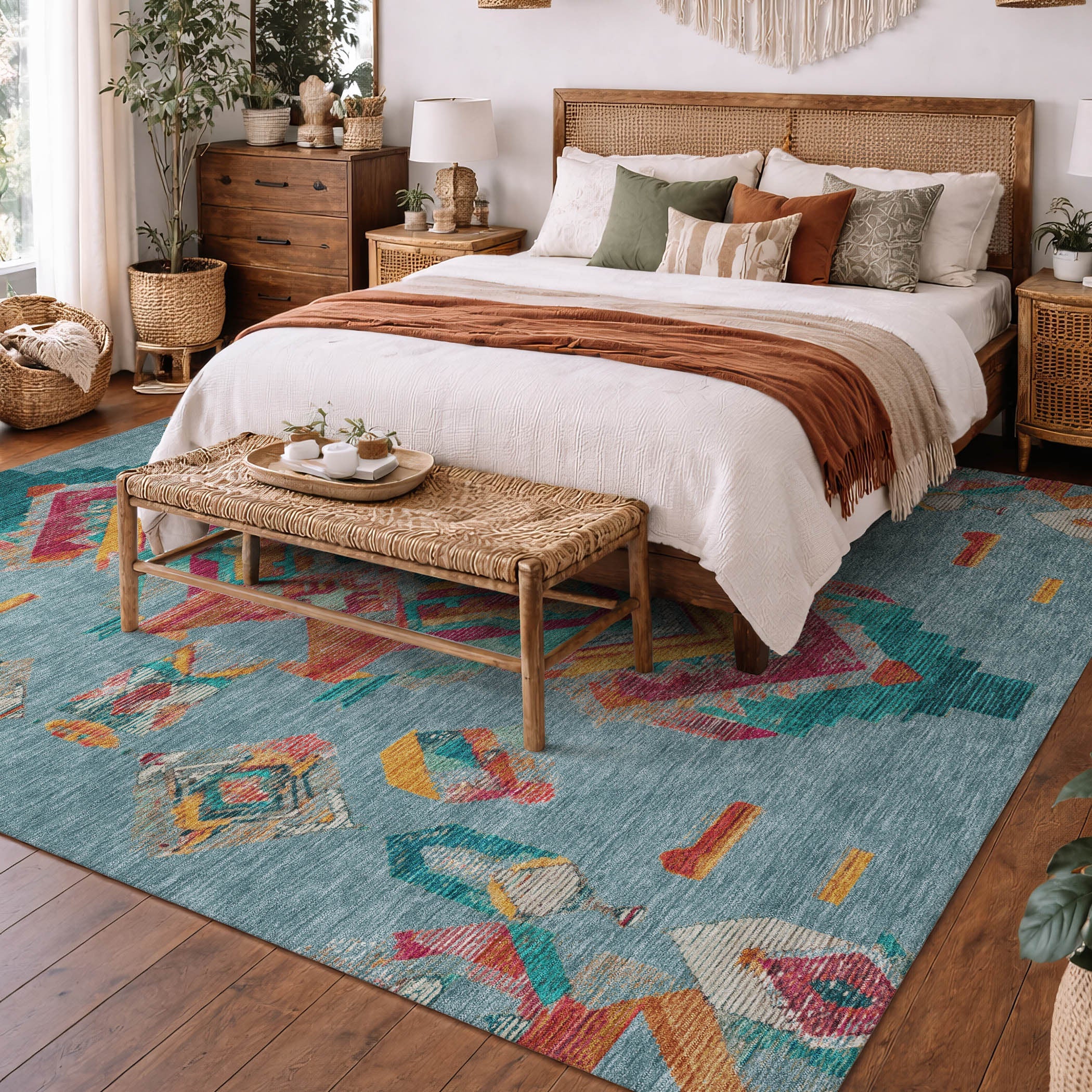 5' X 8' Teal Blue And Ivory Tribal Washable Indoor Outdoor Area Rug Homeroots Outdoor