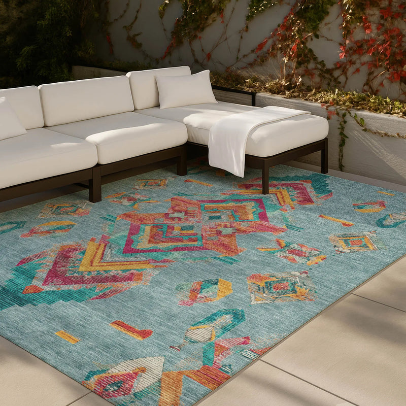 5' X 8' Teal Blue And Ivory Tribal Washable Indoor Outdoor Area Rug Homeroots Outdoor