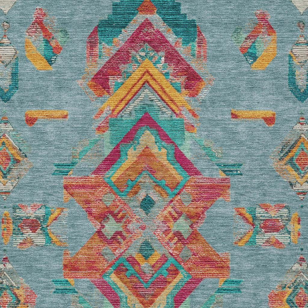 5' X 8' Teal Blue And Ivory Tribal Washable Indoor Outdoor Area Rug Homeroots Outdoor