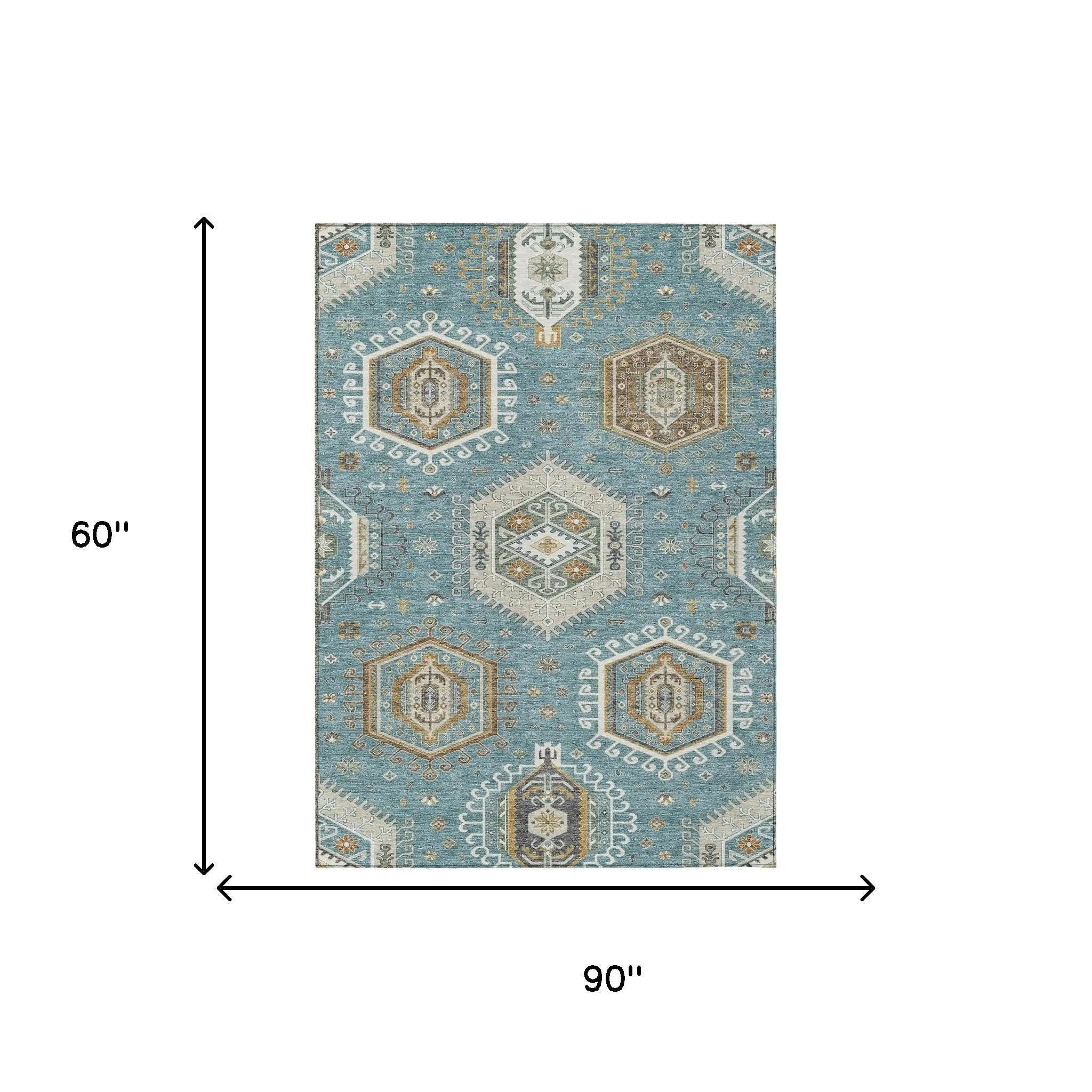 5' X 8' Teal Blue And Ivory Tribal Washable Indoor Outdoor Area Rug Homeroots Outdoor