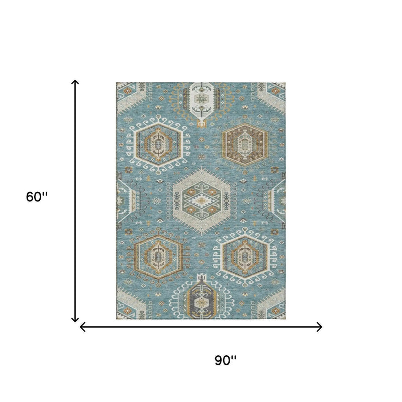 5' X 8' Teal Blue And Ivory Tribal Washable Indoor Outdoor Area Rug Homeroots Outdoor