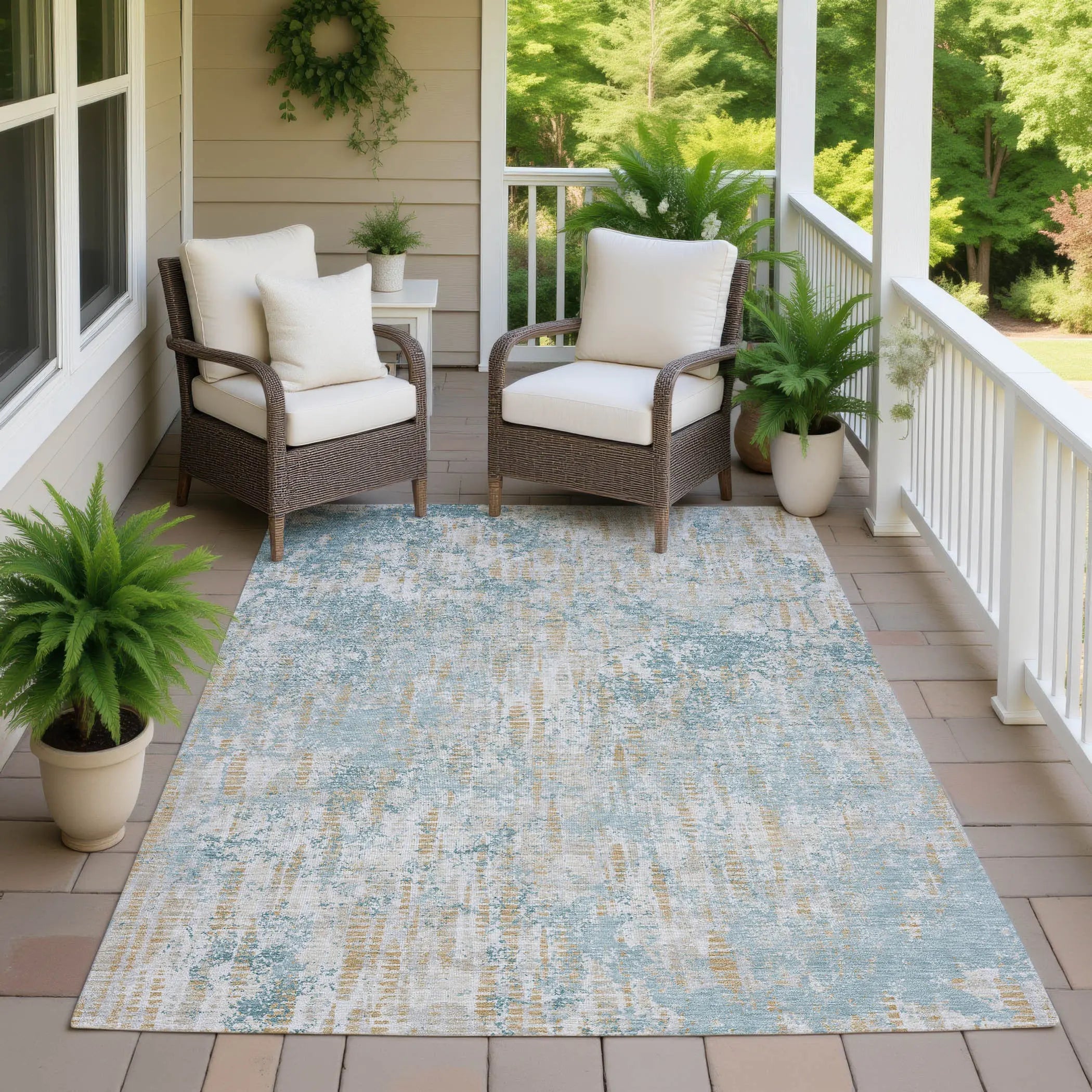 5' X 8' Teal Blue And Linen Abstract Washable Indoor Outdoor Area Rug Homeroots Outdoor
