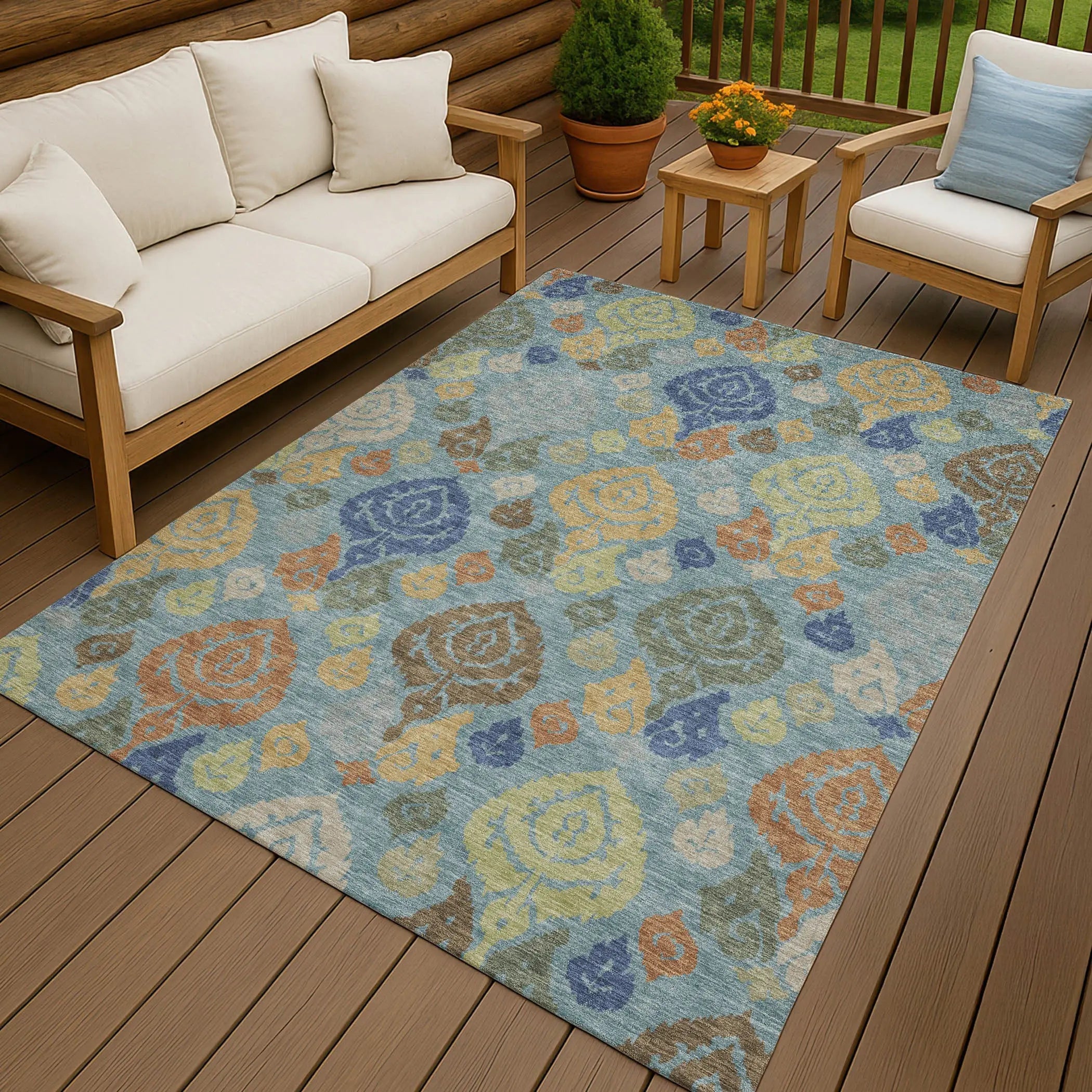 5' X 8' Teal Blue And Navy Blue Damask Washable Indoor Outdoor Area Rug Homeroots Outdoor