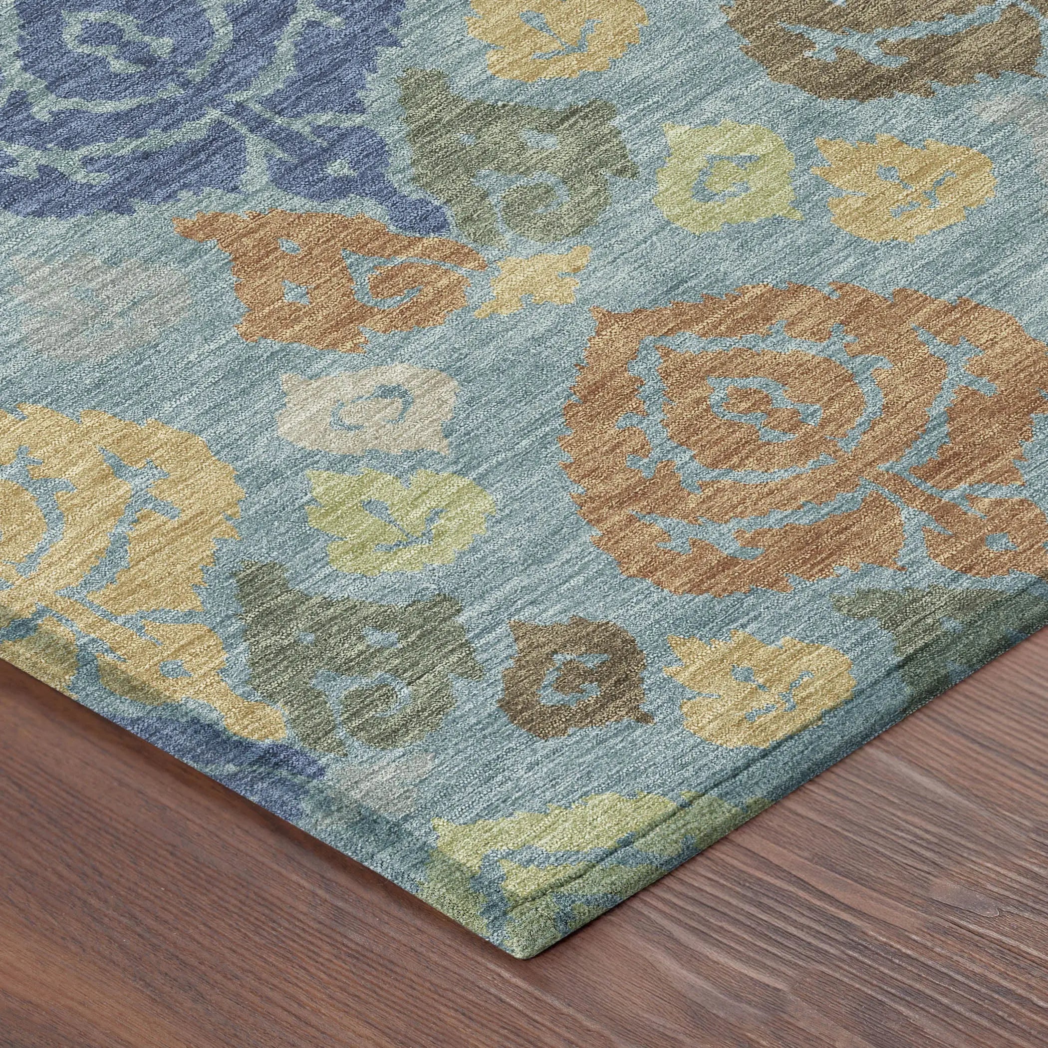 5' X 8' Teal Blue And Navy Blue Damask Washable Indoor Outdoor Area Rug Homeroots Outdoor