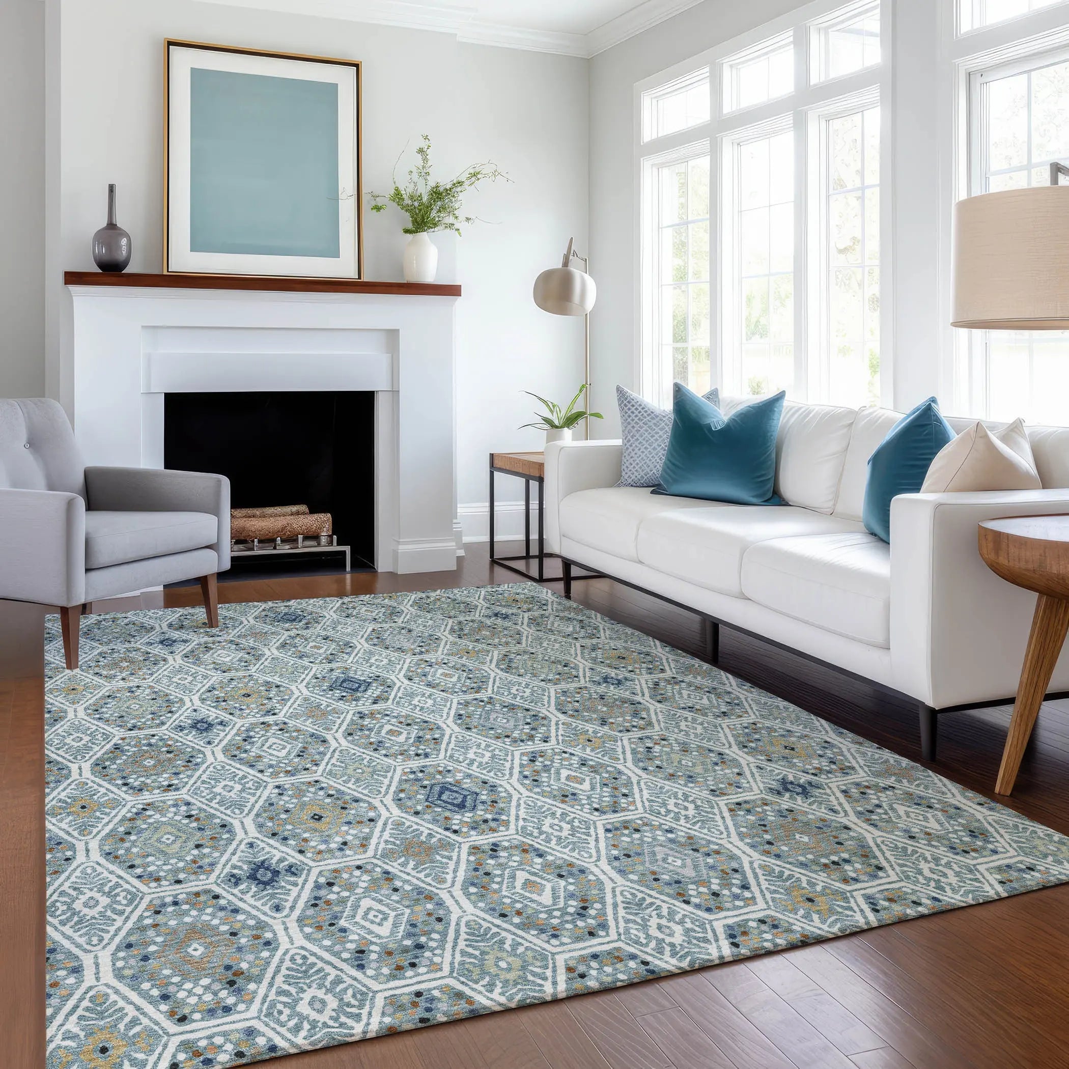 5' X 8' Teal Blue And Navy Blue Geometric Washable Indoor Outdoor Area Rug Homeroots Outdoor