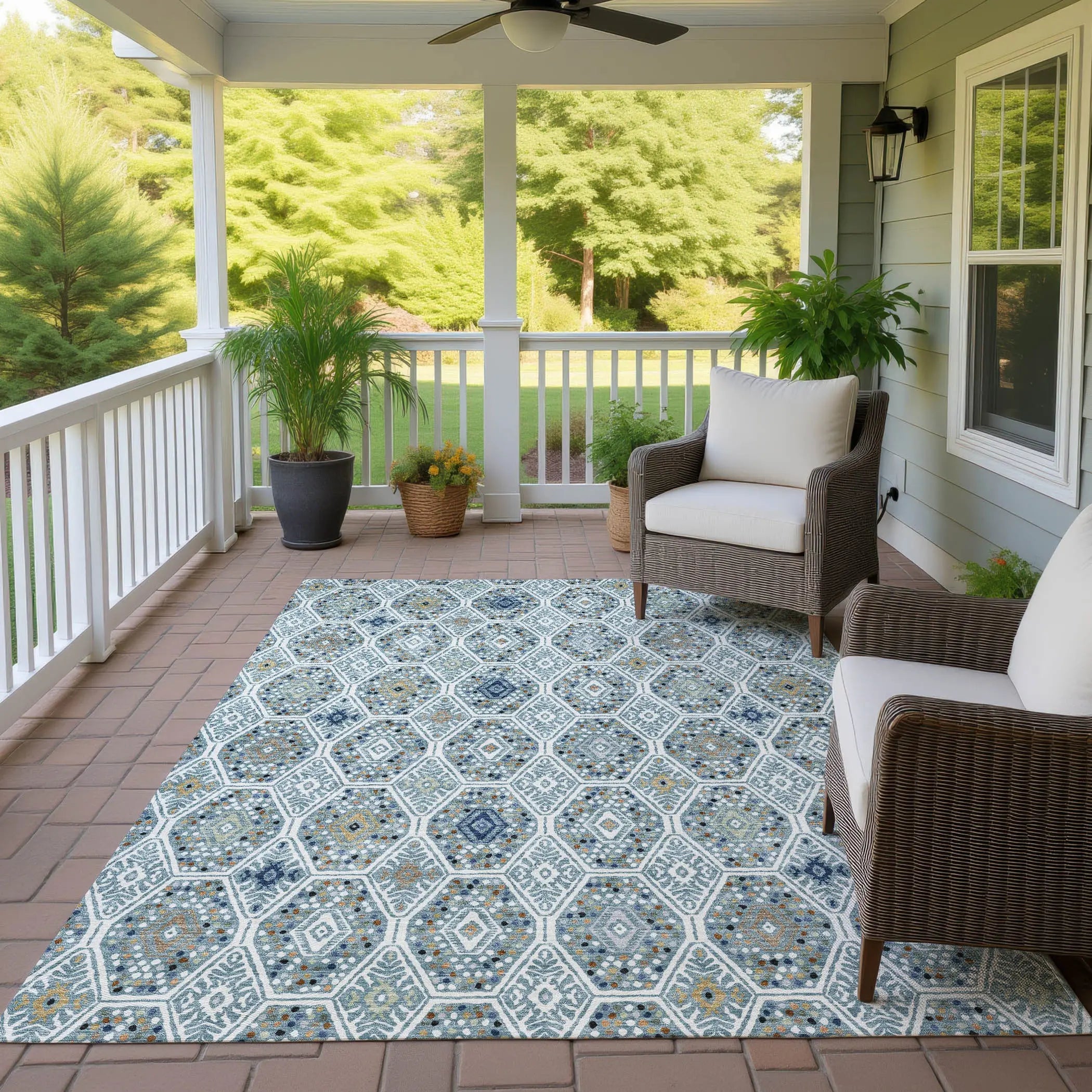 5' X 8' Teal Blue And Navy Blue Geometric Washable Indoor Outdoor Area Rug Homeroots Outdoor