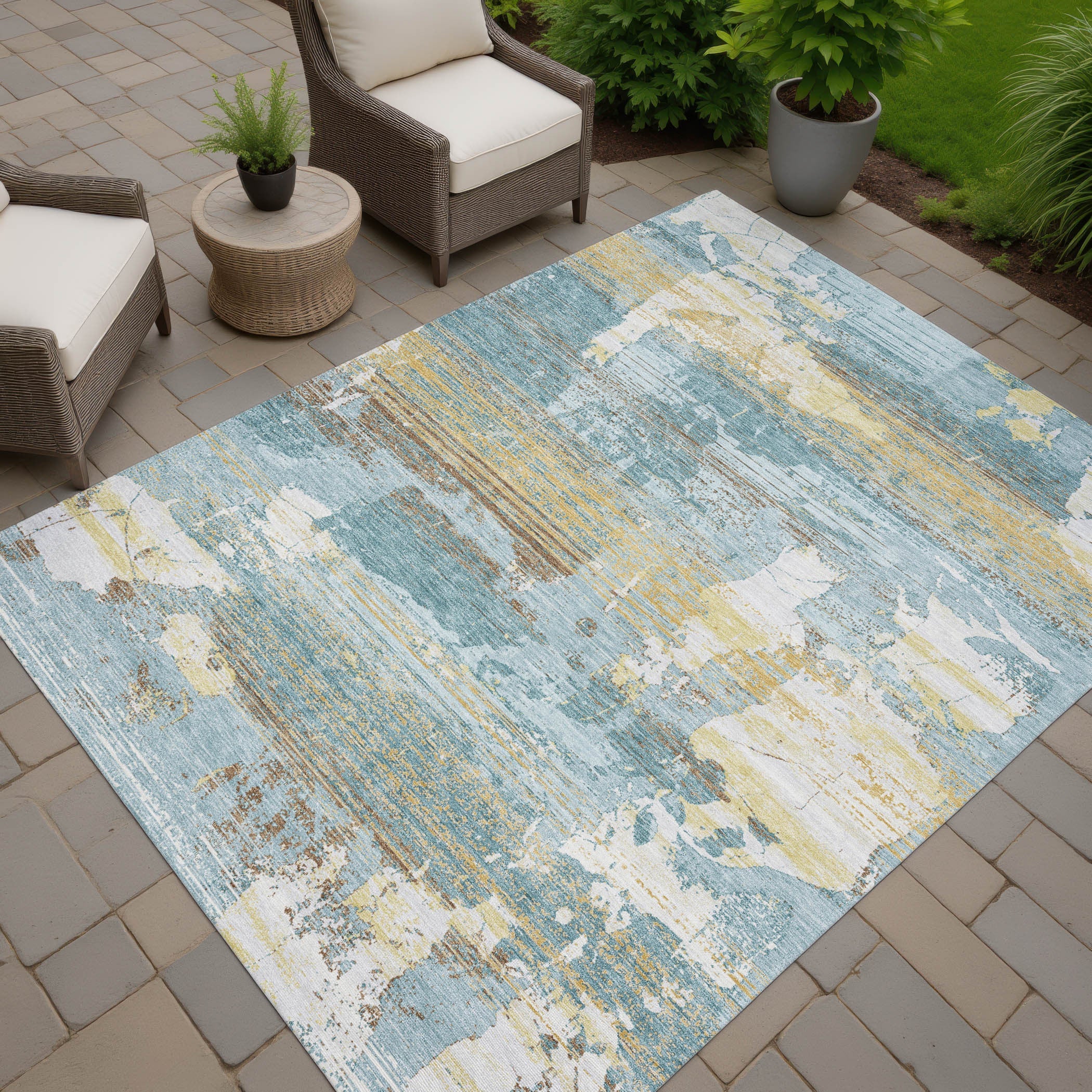 5' X 8' Teal Blue And Pewter Abstract Washable Indoor Outdoor Area Rug Homeroots Outdoor