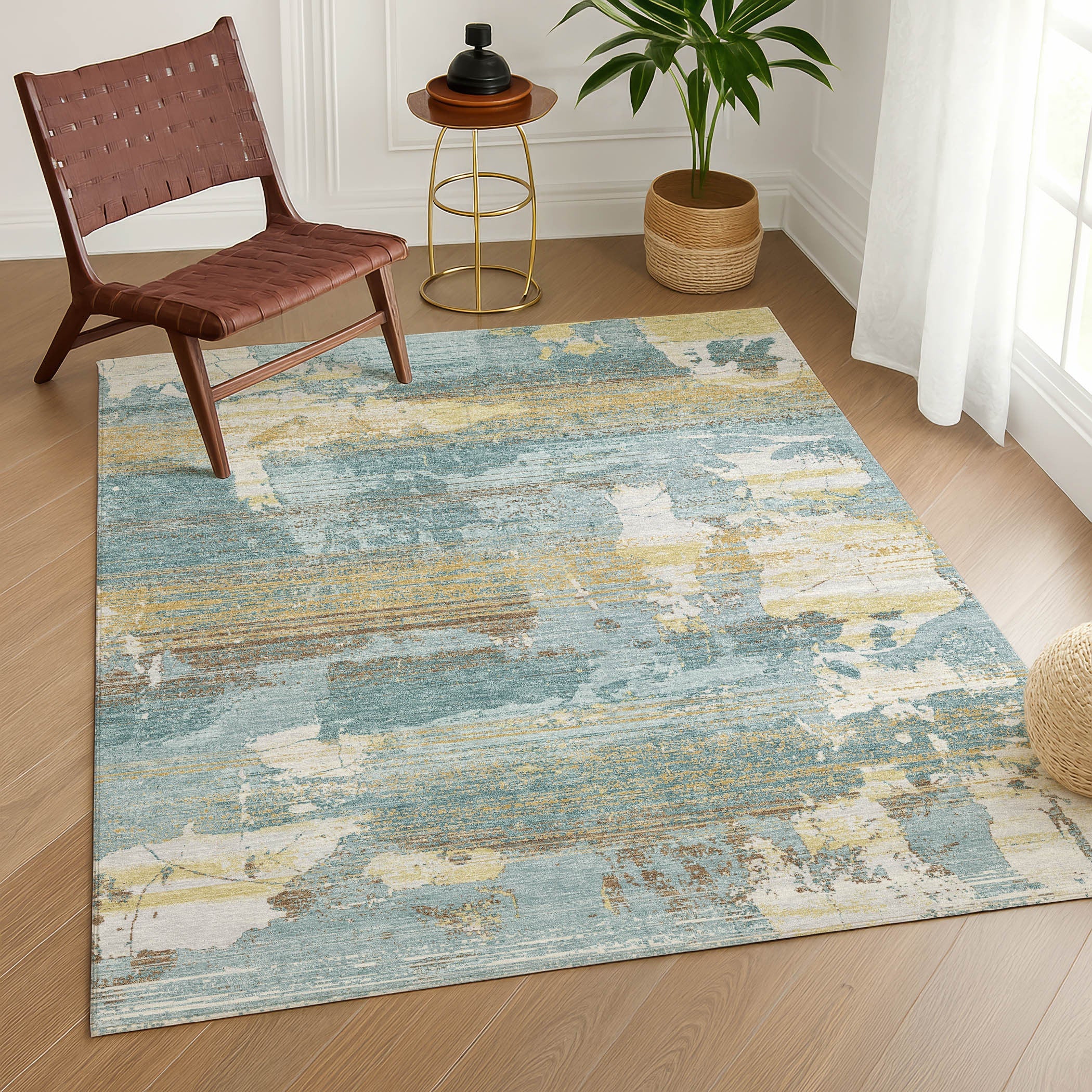 5' X 8' Teal Blue And Pewter Abstract Washable Indoor Outdoor Area Rug Homeroots Outdoor
