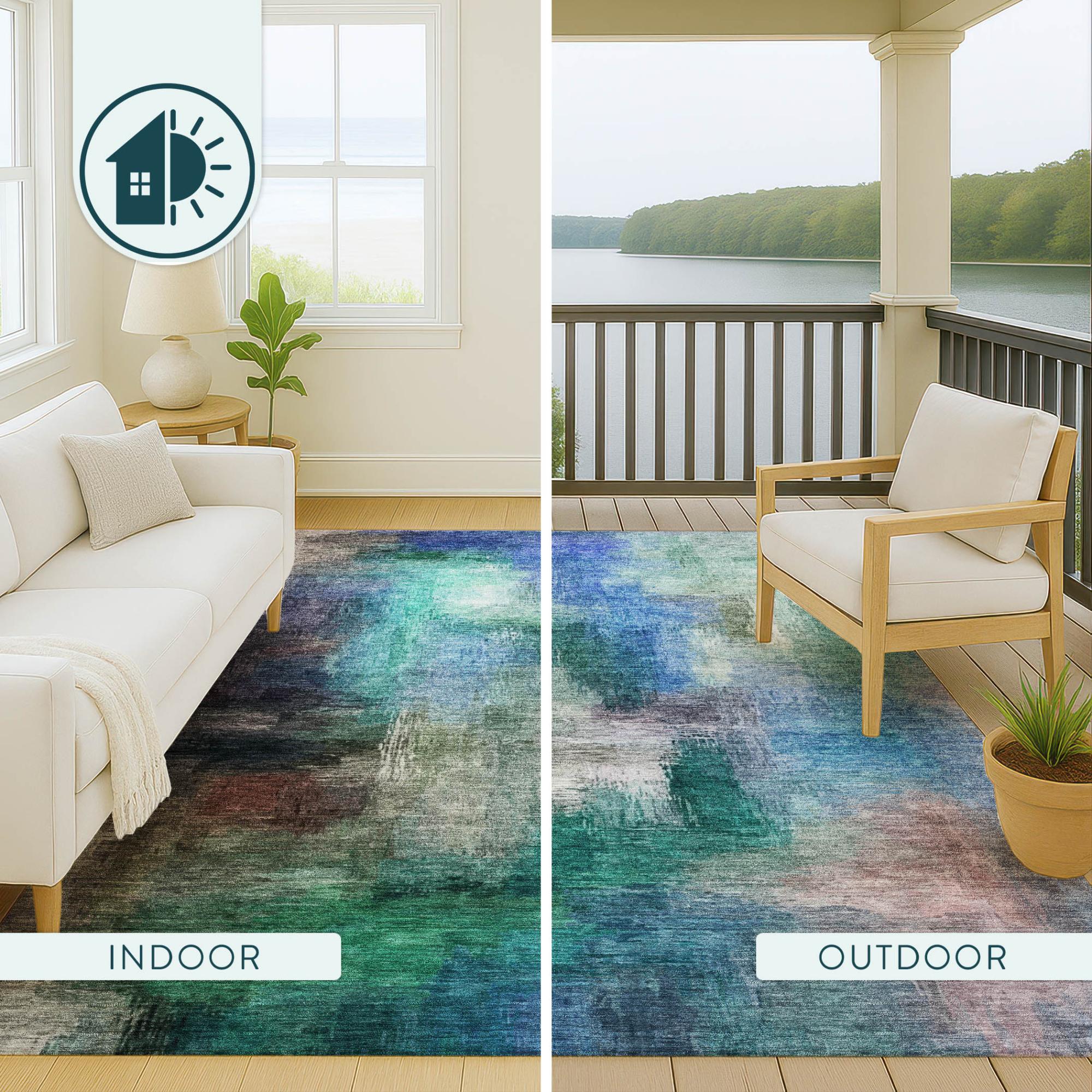 5' X 8' Teal Blue And Pewter Abstract Washable Indoor Outdoor Area Rug Homeroots Outdoor