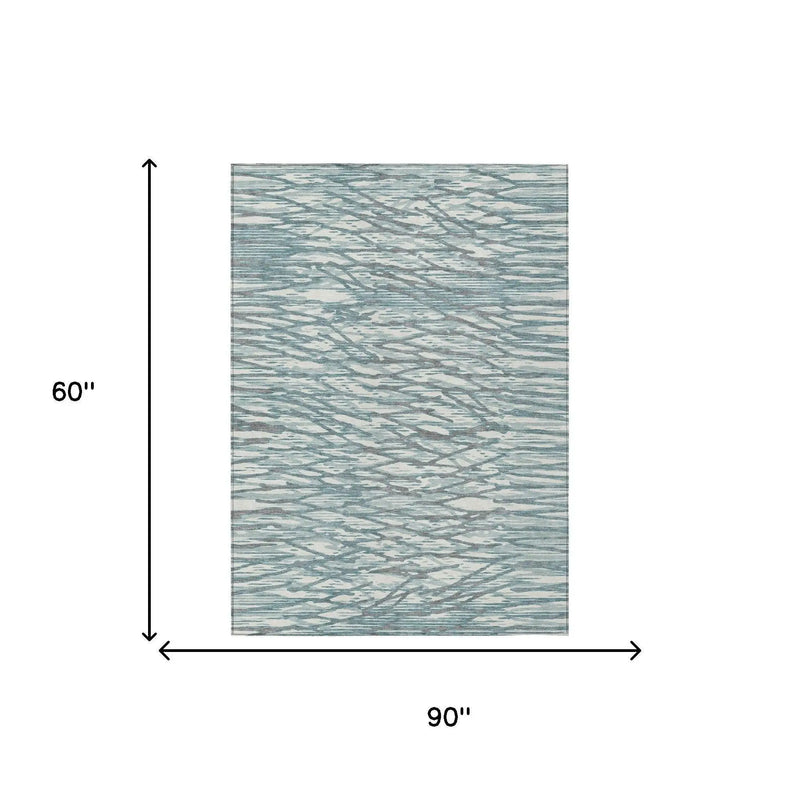 5' X 8' Teal Blue And Pewter Abstract Washable Indoor Outdoor Area Rug Homeroots Outdoor